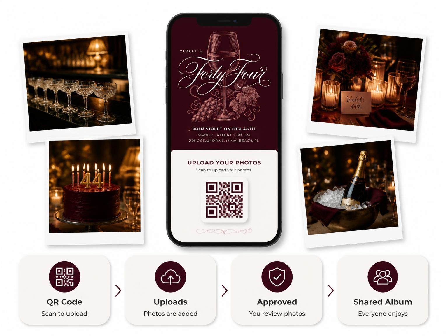 The shared photo gallery that comes with the Burgundy Cocktail 44th Birthday Invitation invitation