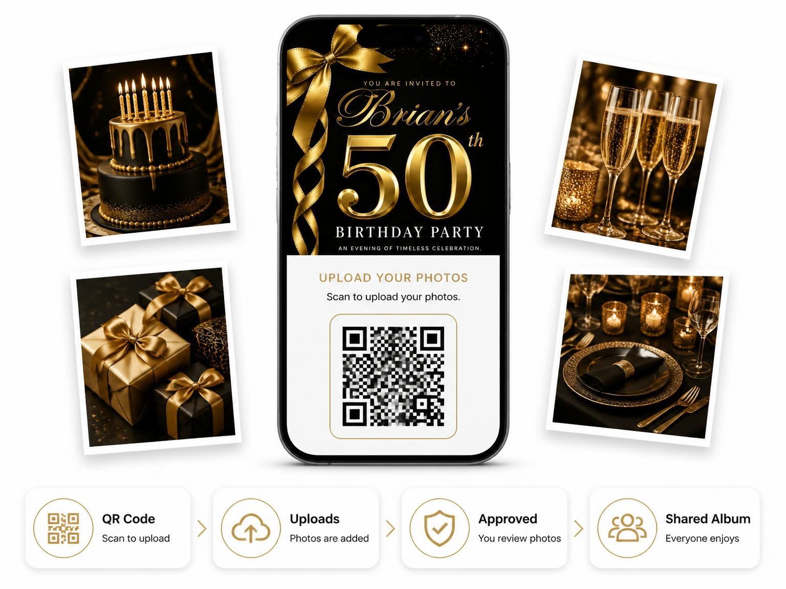 The shared photo gallery that comes with the Black and Gold Ribbon 50th Birthday invitation