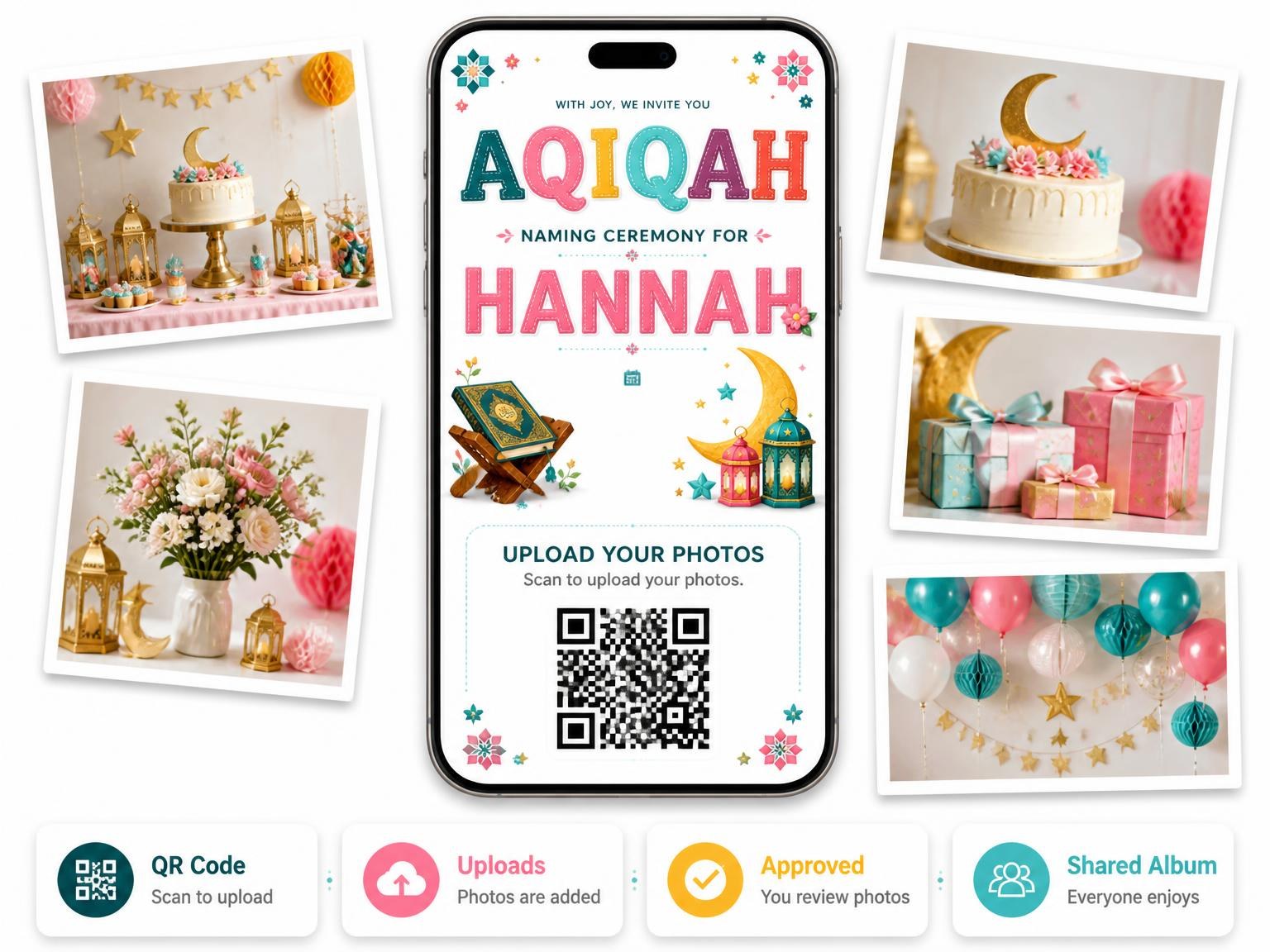 The shared photo gallery that comes with the Holy Quran Aqiqah / Naming Ceremony Invitation invitation