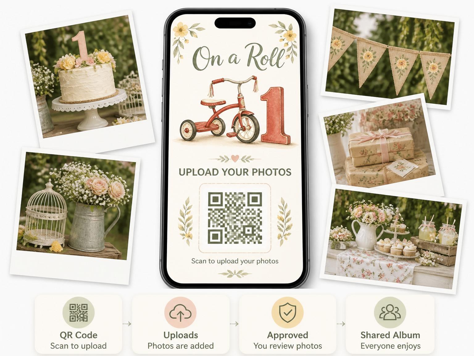 The shared photo gallery that comes with the Vintage Tricycle Floral First Birthday invitation
