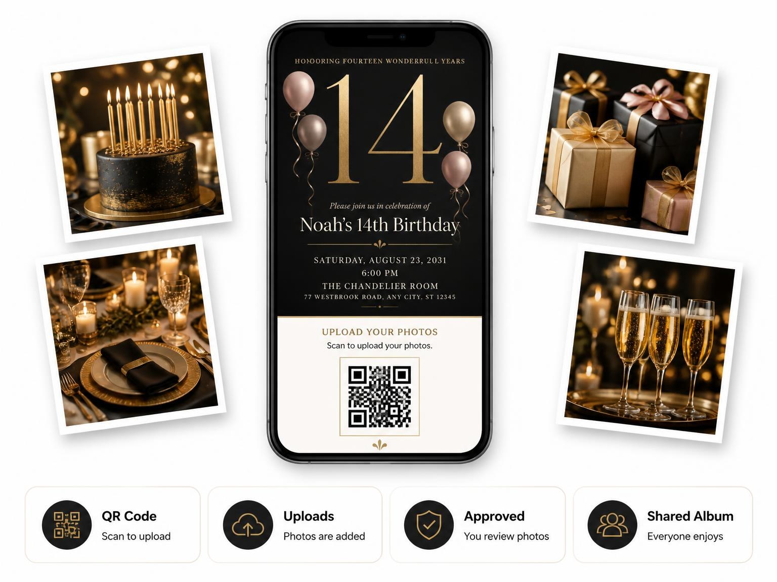 The shared photo gallery that comes with the Charcoal and Blush 14th Birthday Invitation invitation