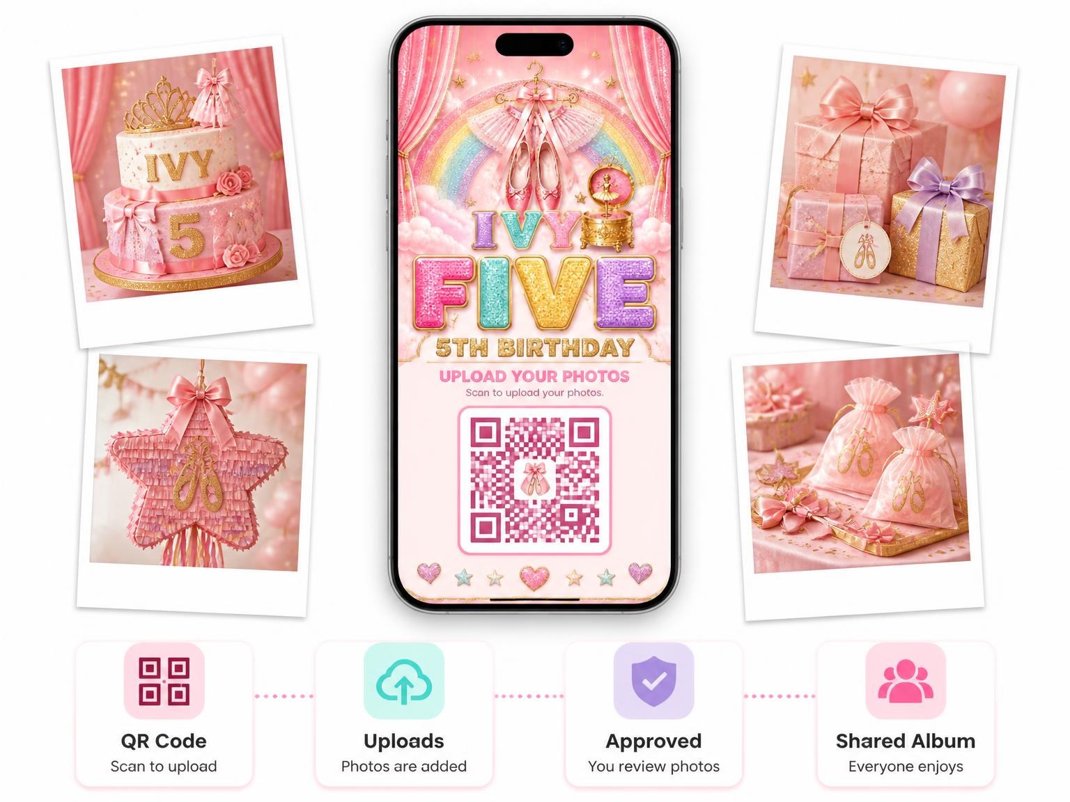 The shared photo gallery that comes with the Glitter Ballet 5th Birthday Invitation invitation