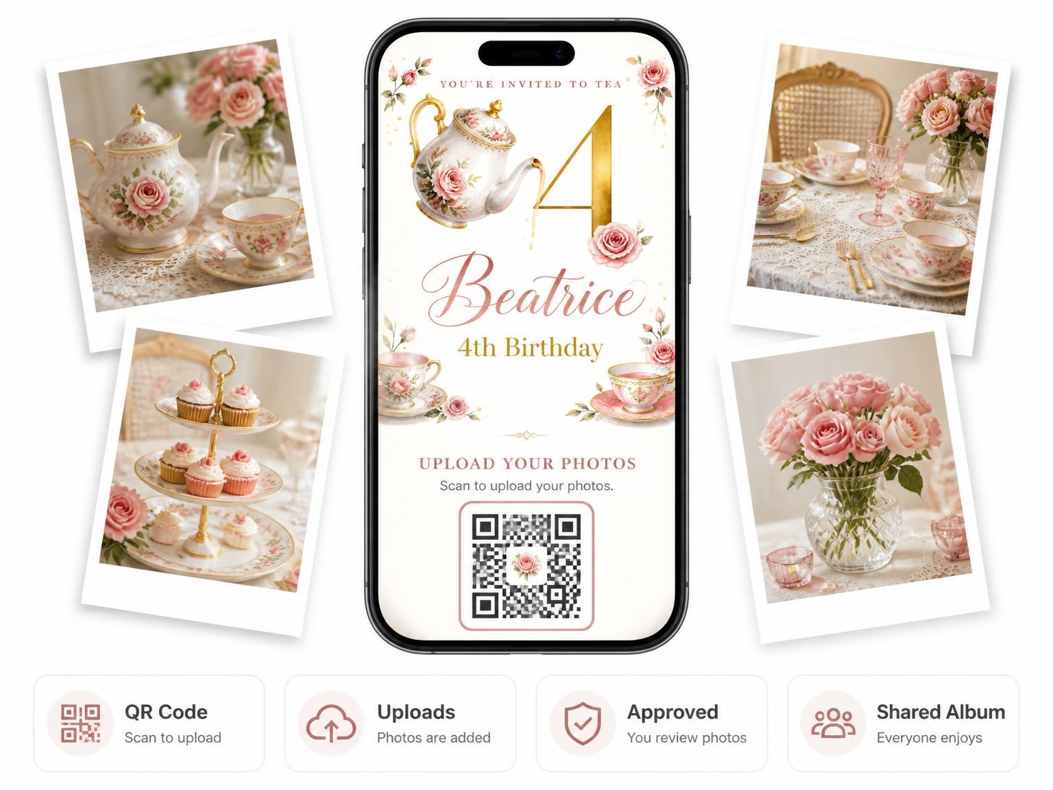 The shared photo gallery that comes with the Watercolor Rose Tea Party 4th Birthday invitation