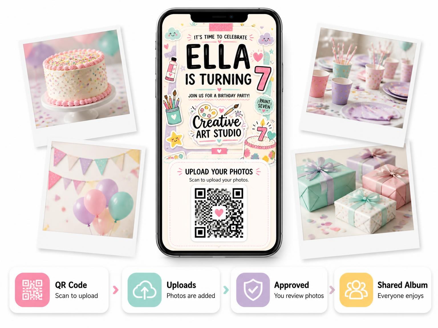 The shared photo gallery that comes with the Pastel Paint Supplies 7th Birthday Invitation invitation