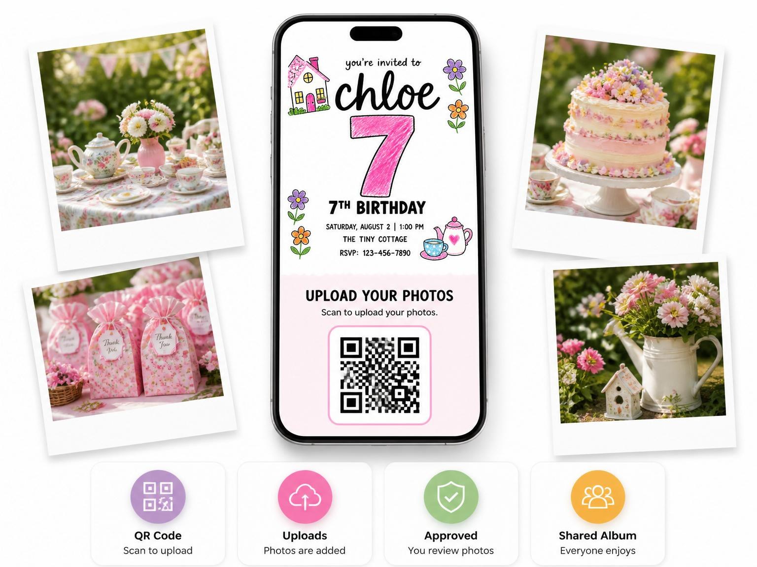 The shared photo gallery that comes with the Crayon Drawing Cottage Tea Party 7th Birthday invitation