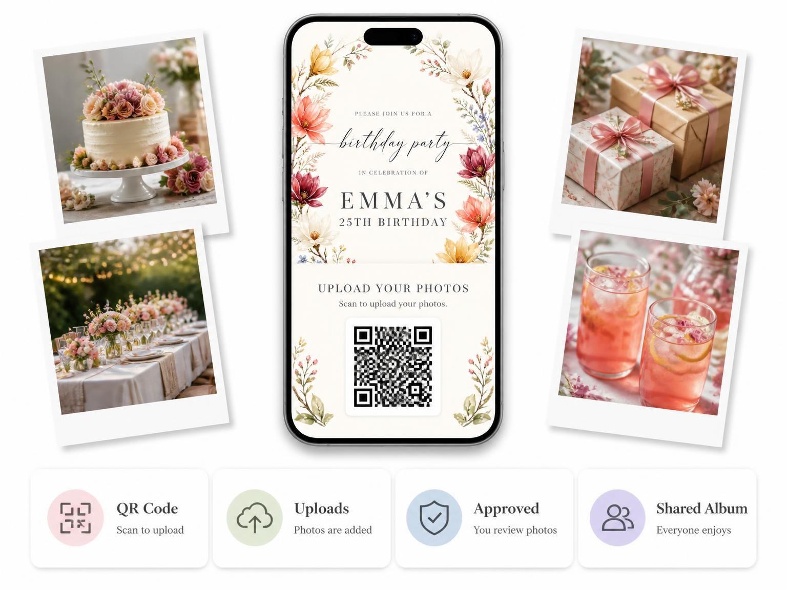 The shared photo gallery that comes with the Golden Watercolor Floral Wreath 25th Birthday Invitation invitation