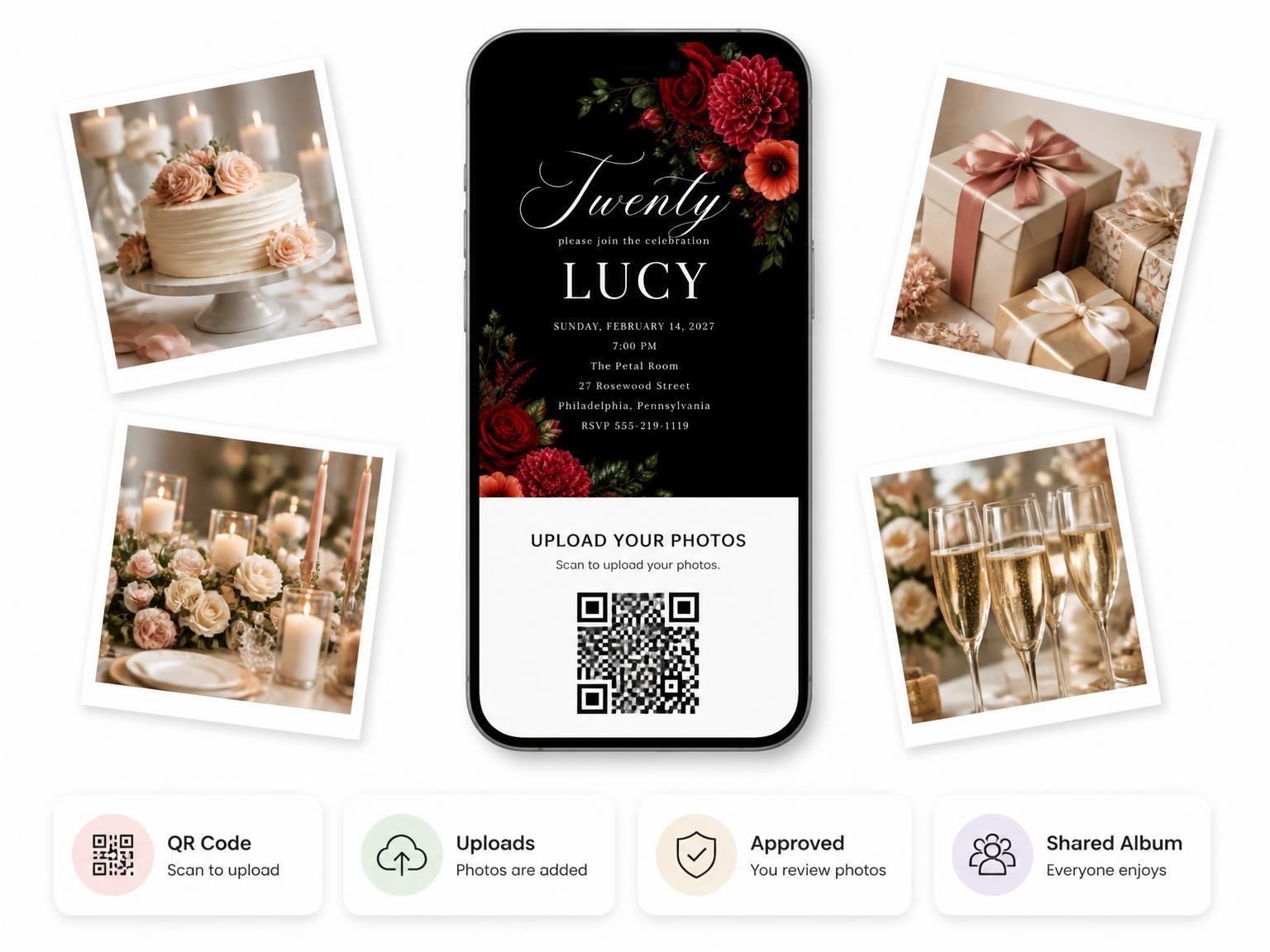 The shared photo gallery that comes with the Black Floral 20th Birthday Invitation invitation