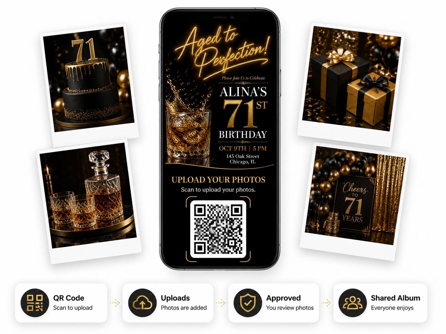 The shared photo gallery that comes with the Whiskey Tumbler 71st Birthday Invitation invitation