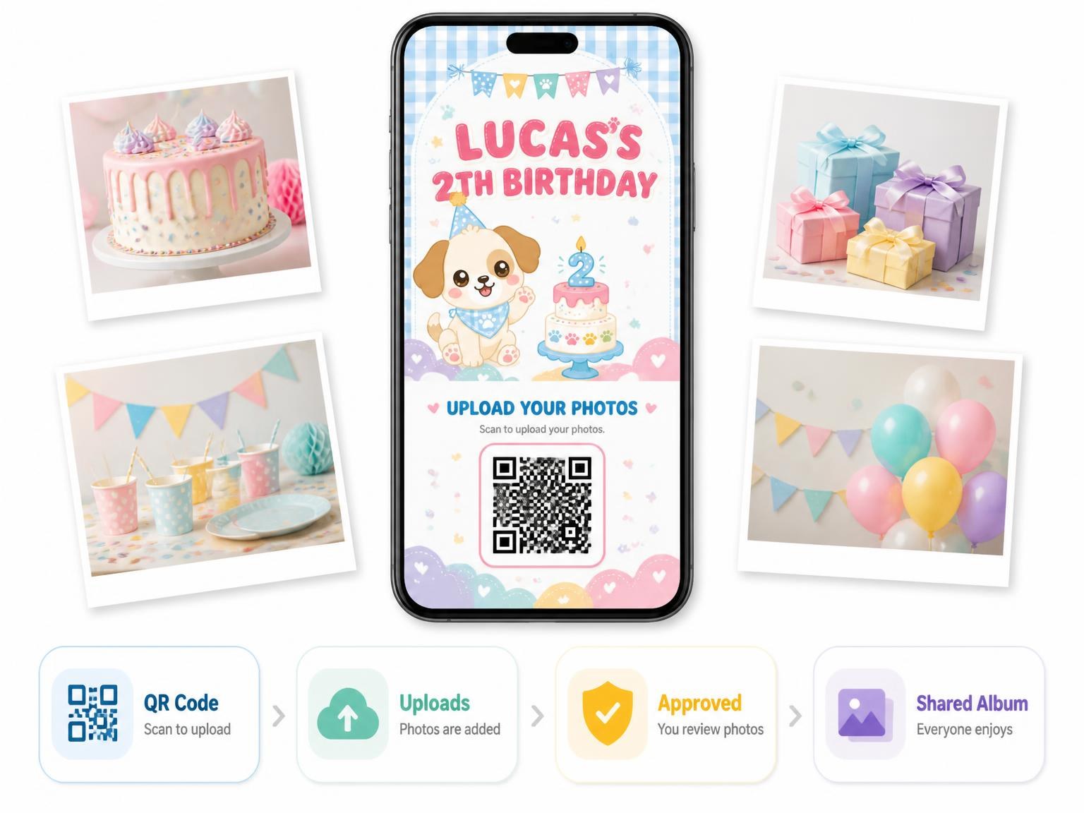 The shared photo gallery that comes with the Pastel Puppy 2nd Birthday Invitation invitation