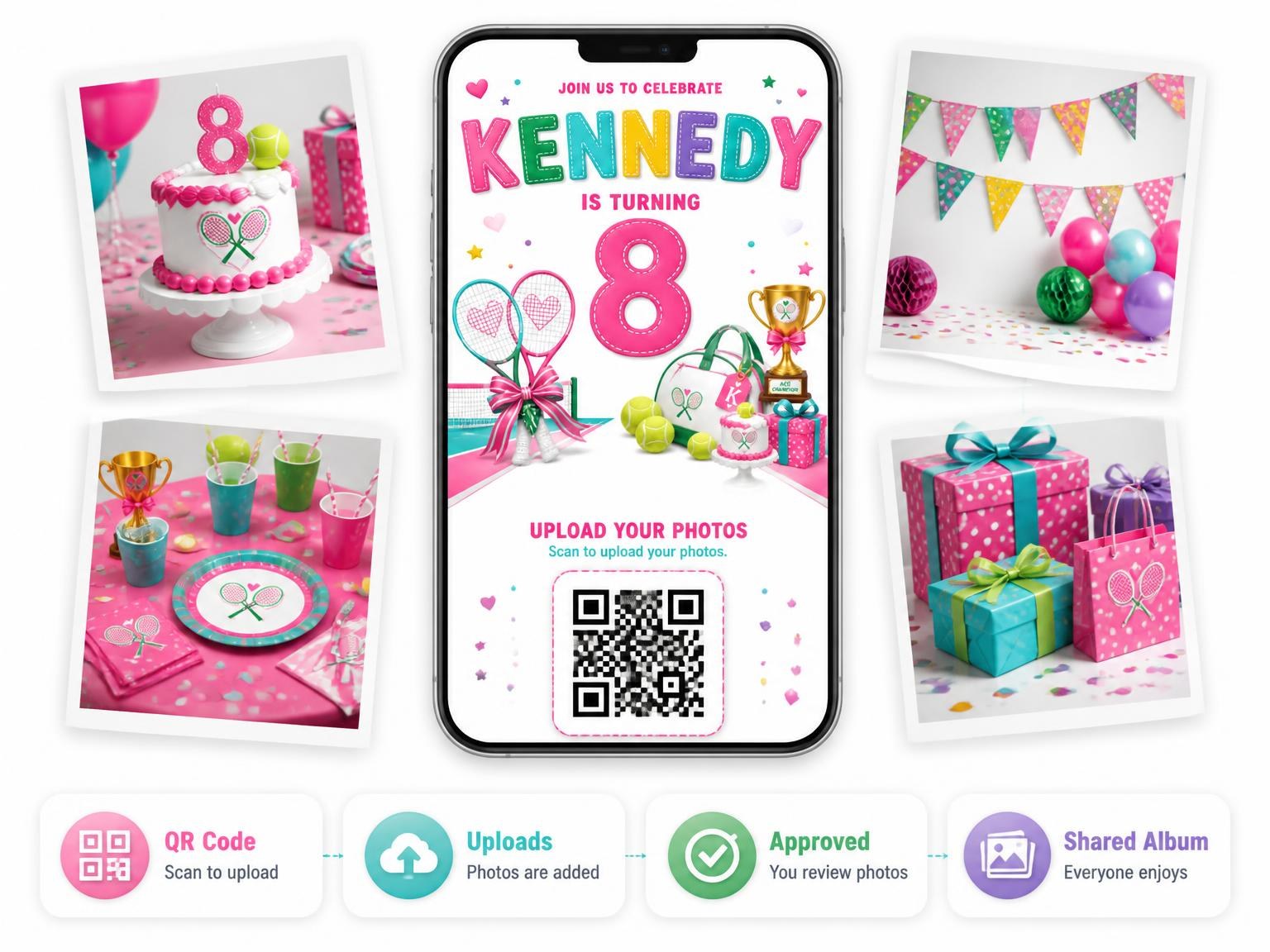 The shared photo gallery that comes with the Tennis Racquet 8th Birthday Invitation invitation