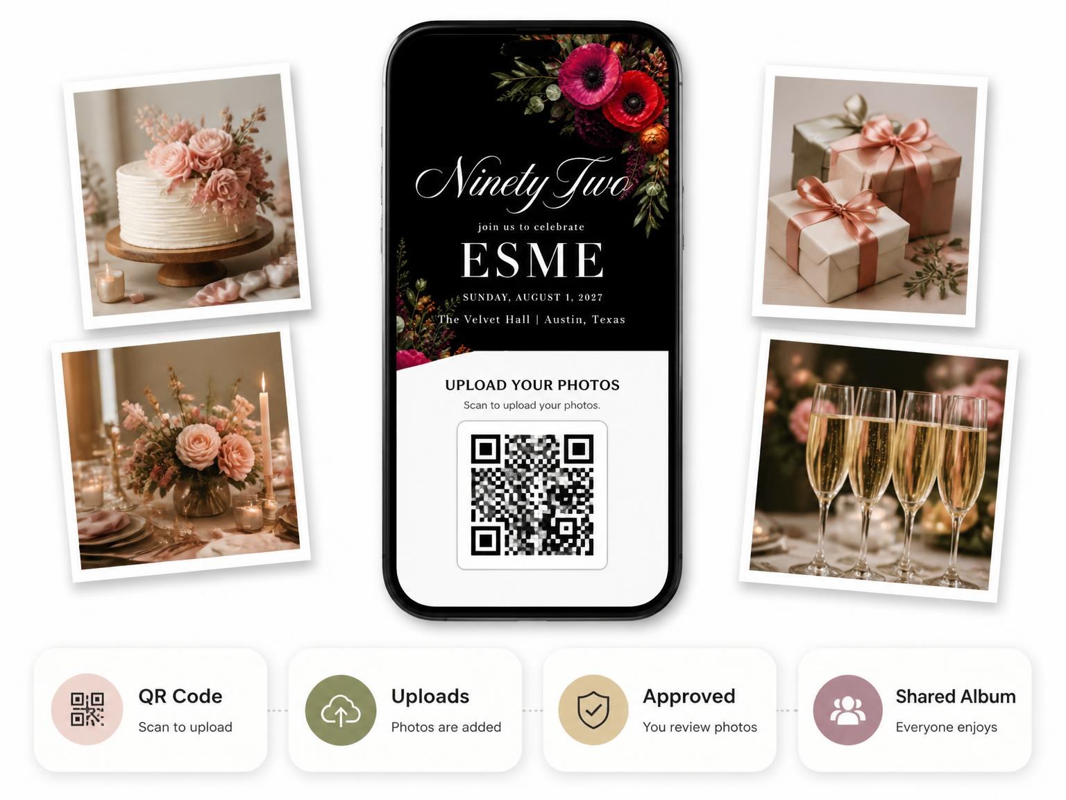 The shared photo gallery that comes with the Black Floral 92nd Birthday Invitation invitation