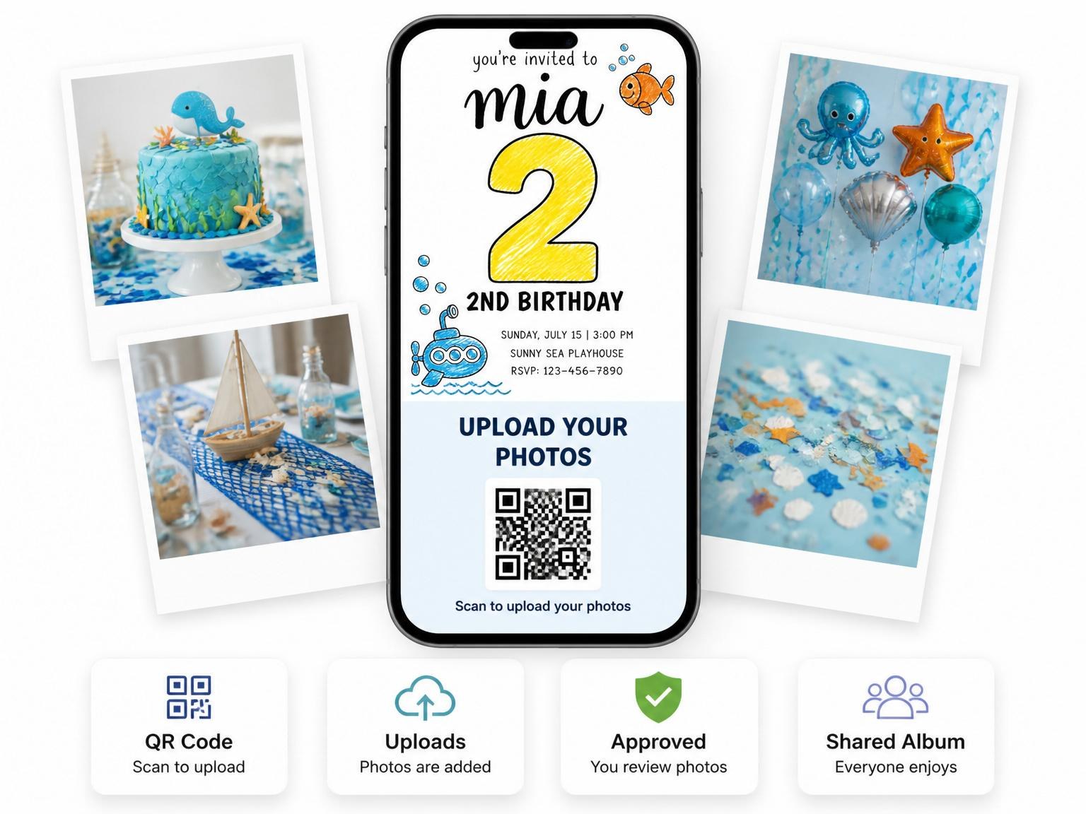 The shared photo gallery that comes with the Crayon Submarine Underwater 2nd Birthday invitation