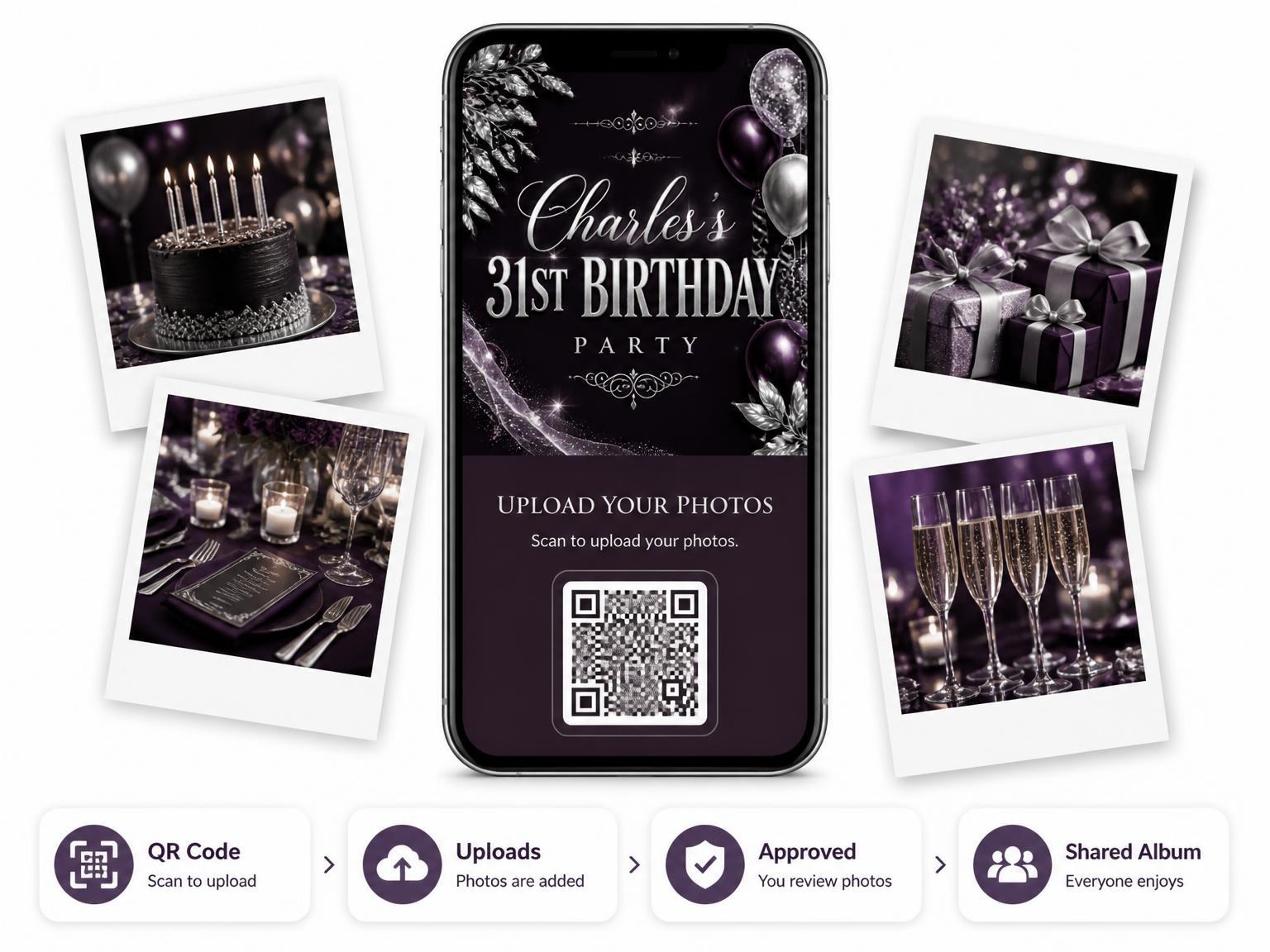 The shared photo gallery that comes with the Plum and Silver 31st Birthday Invitation invitation
