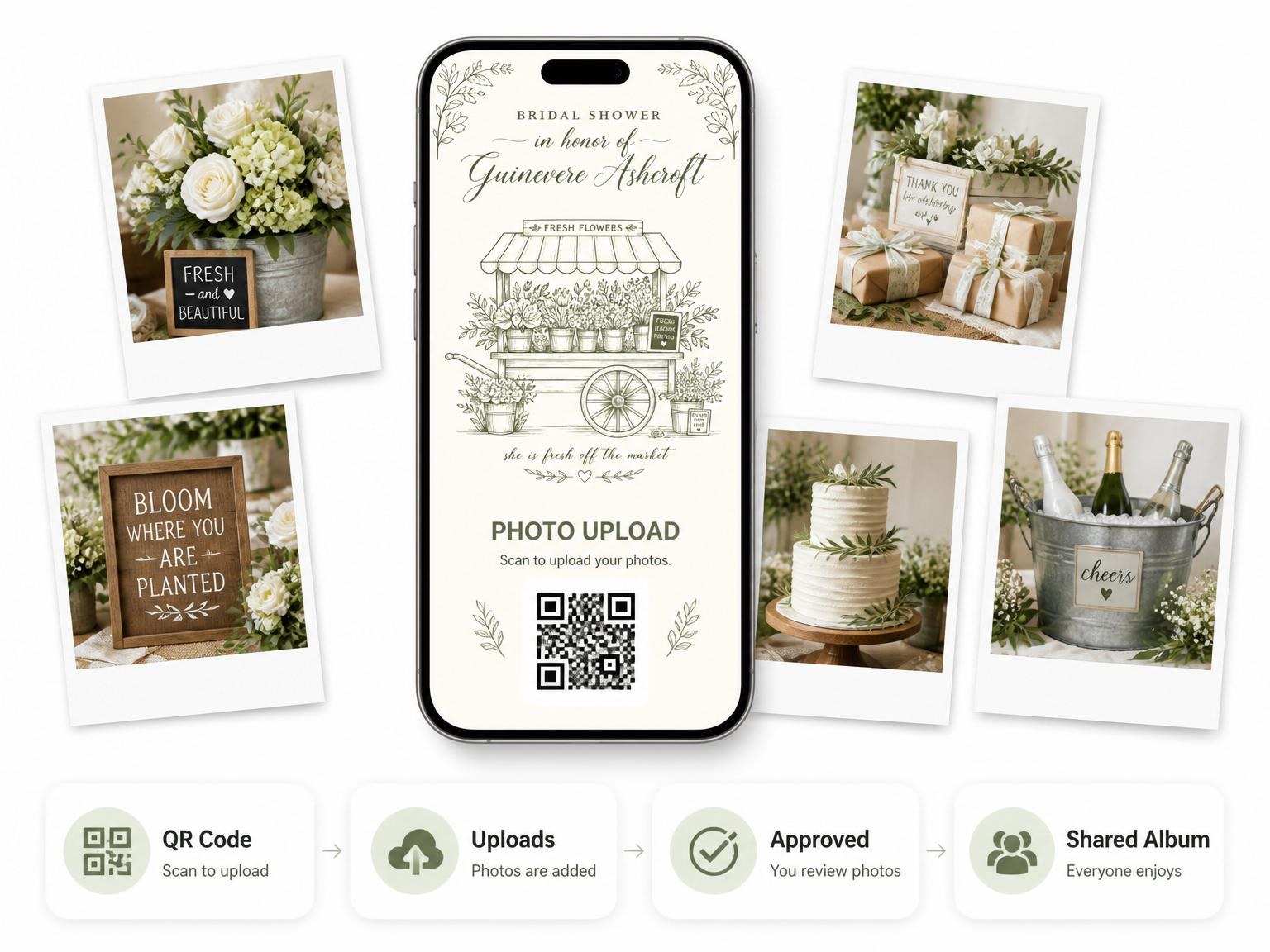 The shared photo gallery that comes with the Olive Green Floral Market Bridal Shower invitation