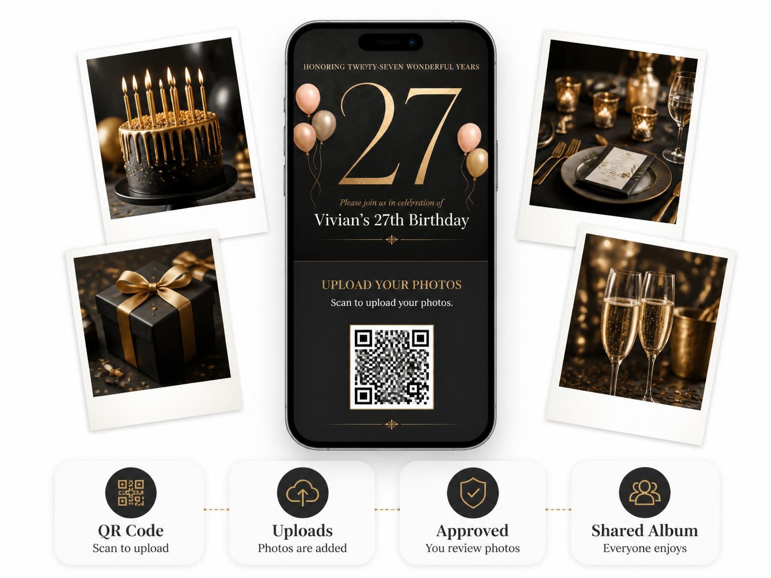 The shared photo gallery that comes with the Charcoal and Blush 27th Birthday Invitation invitation