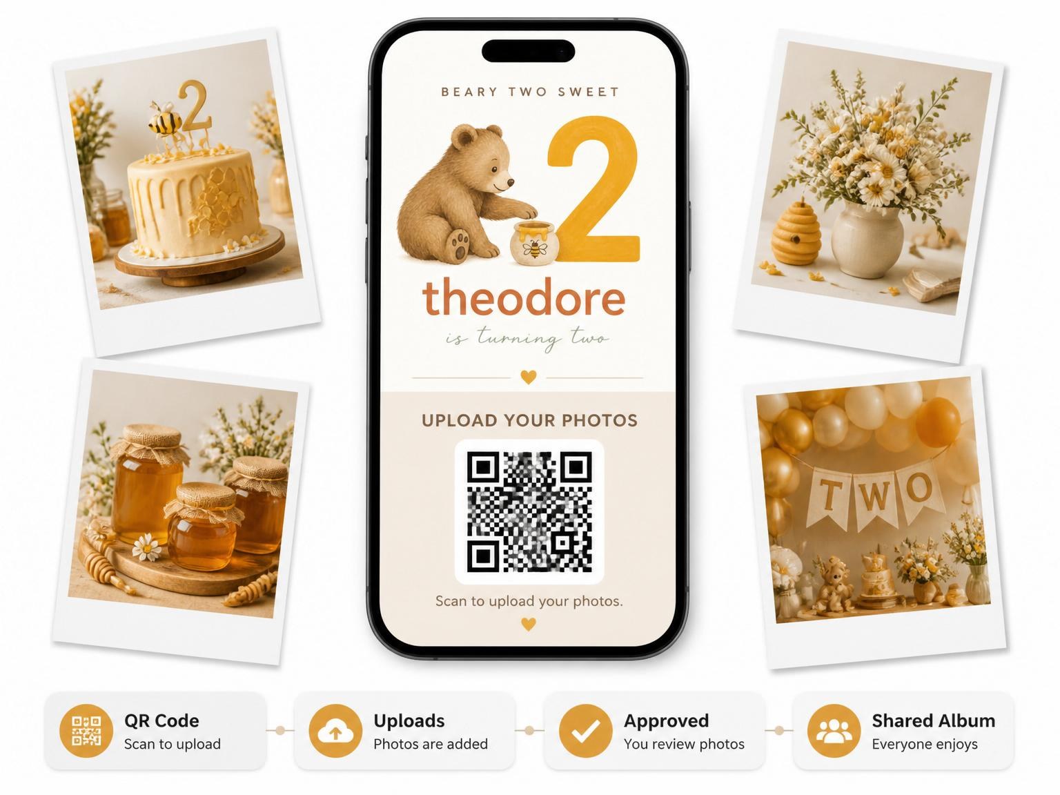 The shared photo gallery that comes with the Watercolor Bear Honey Pot 2nd Birthday invitation