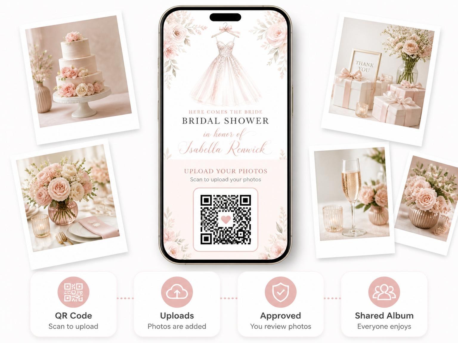 The shared photo gallery that comes with the Dusty Rose Watercolor Dress Bridal Shower invitation