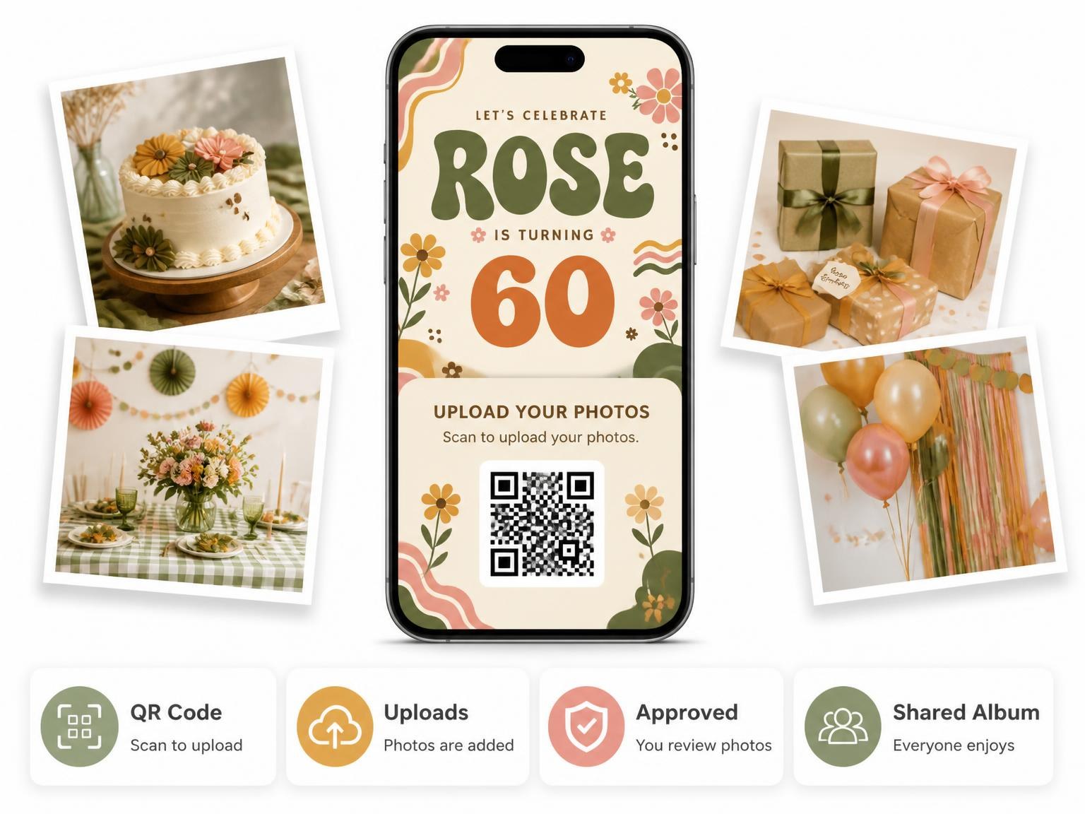 The shared photo gallery that comes with the Groovy Retro 60th Birthday Invitation invitation