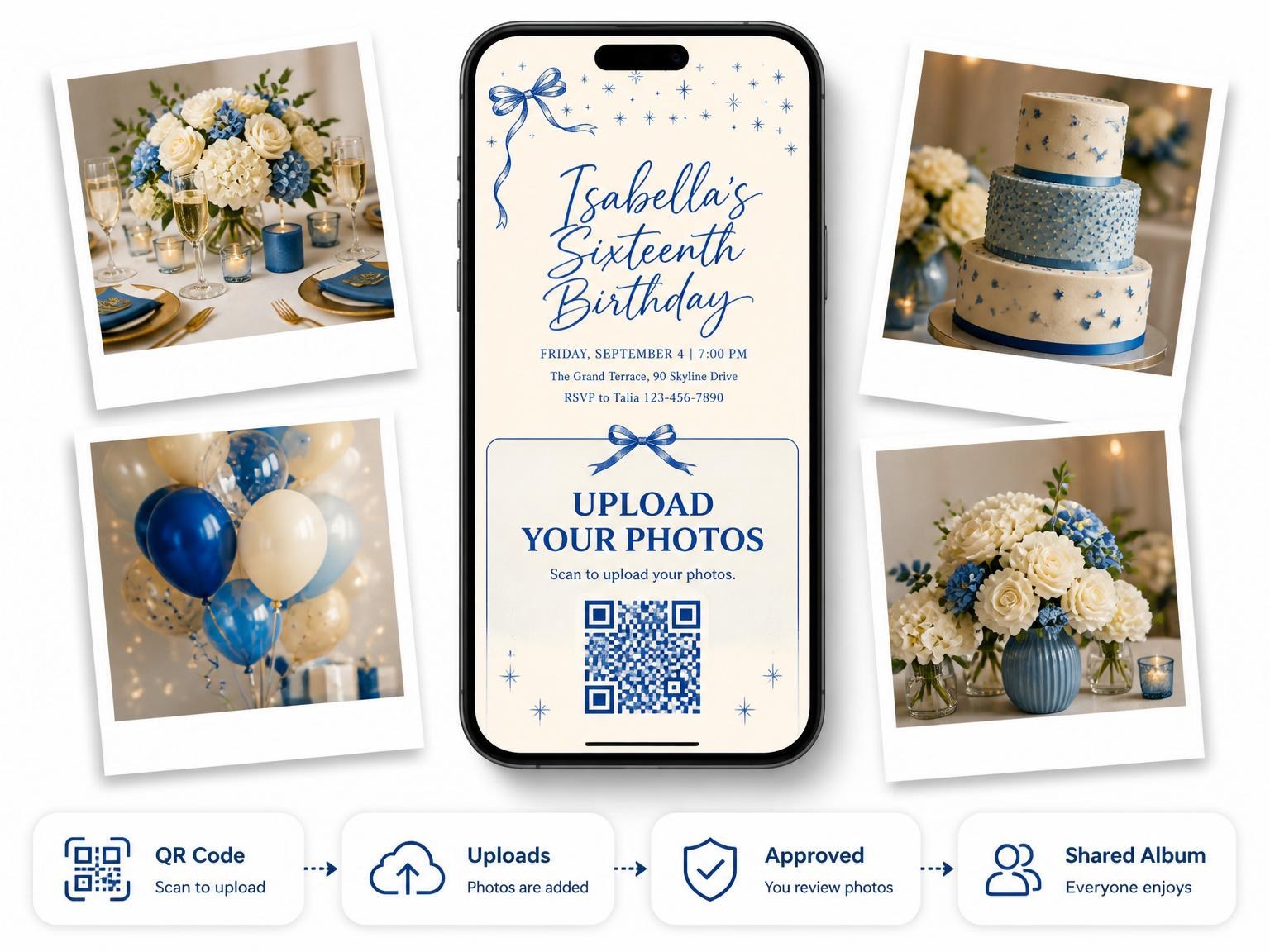 The shared photo gallery that comes with the Blue Ribbon Star Sweet Sixteen Birthday invitation