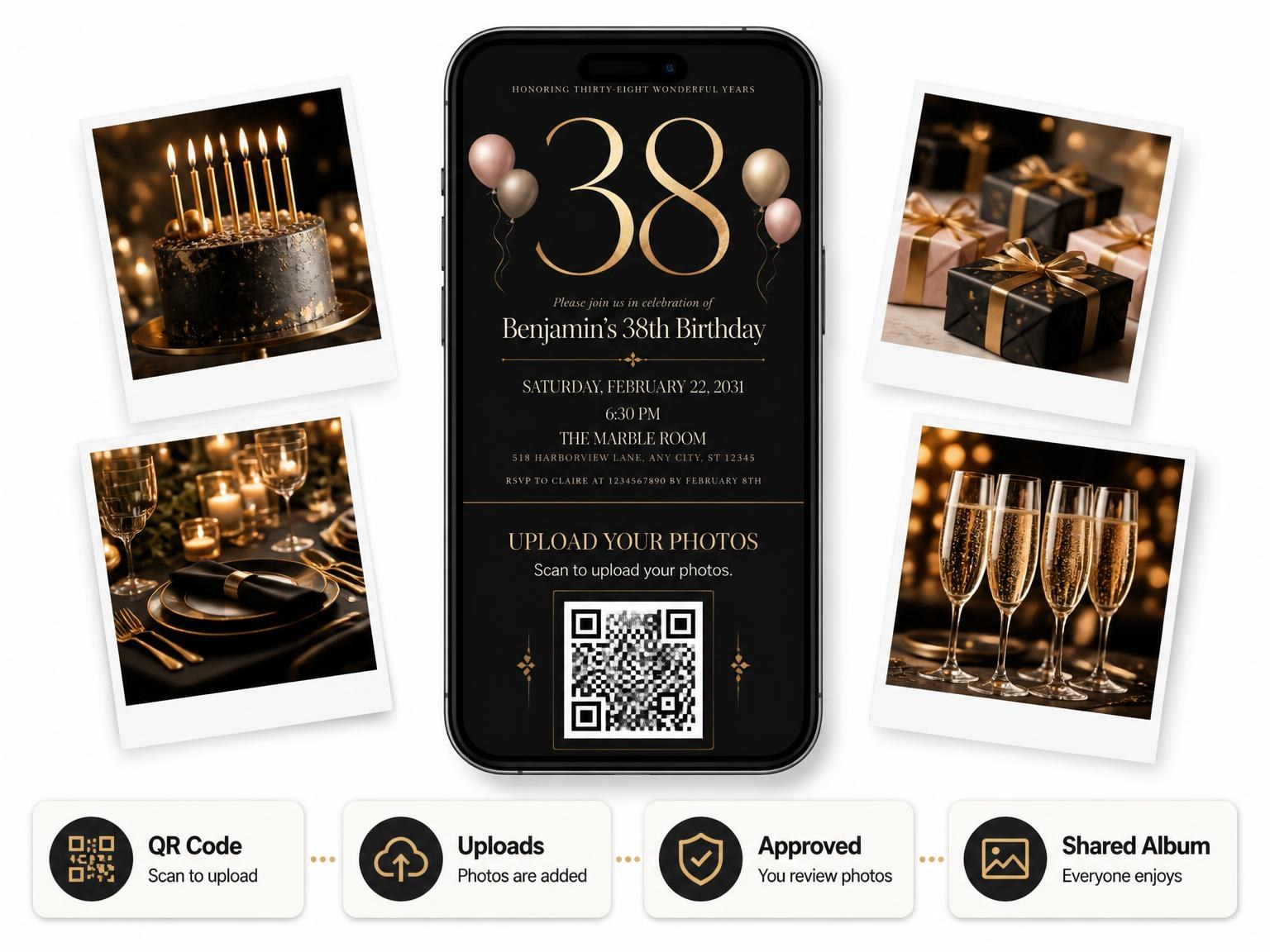 The shared photo gallery that comes with the Charcoal and Blush 38th Birthday Invitation invitation