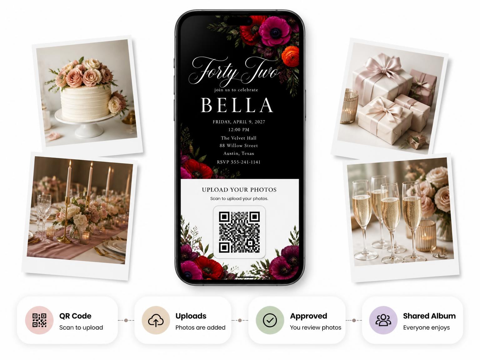 The shared photo gallery that comes with the Black Floral 42nd Birthday Invitation invitation