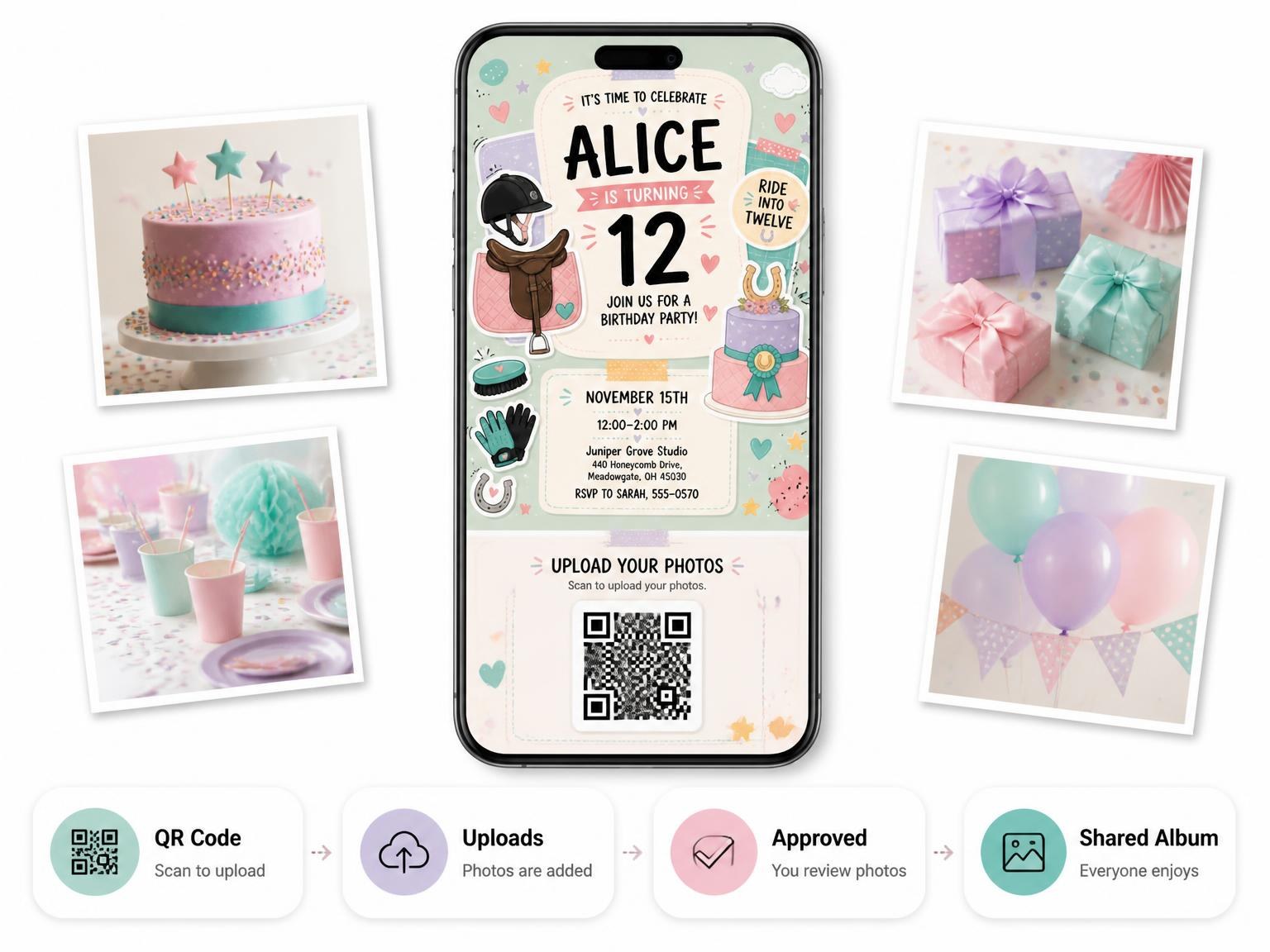 The shared photo gallery that comes with the Riding Helmet Pastel 12th Birthday Invitation invitation