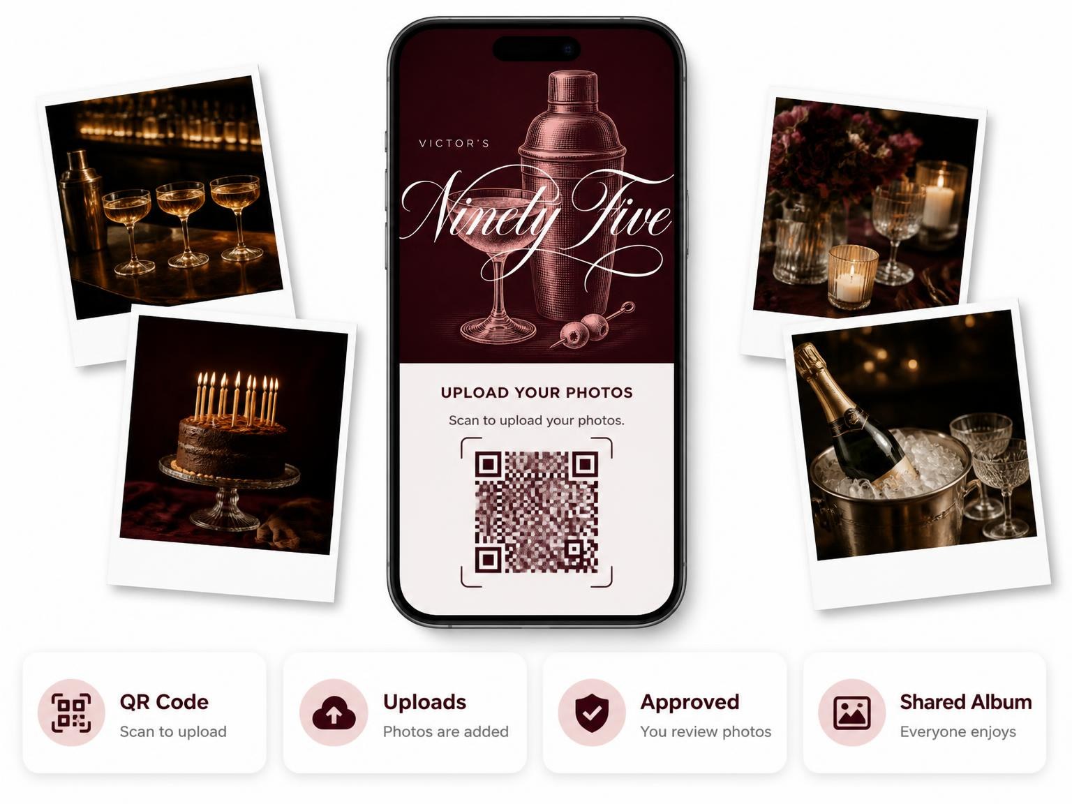 The shared photo gallery that comes with the Burgundy Cocktail 95th Birthday Invitation invitation
