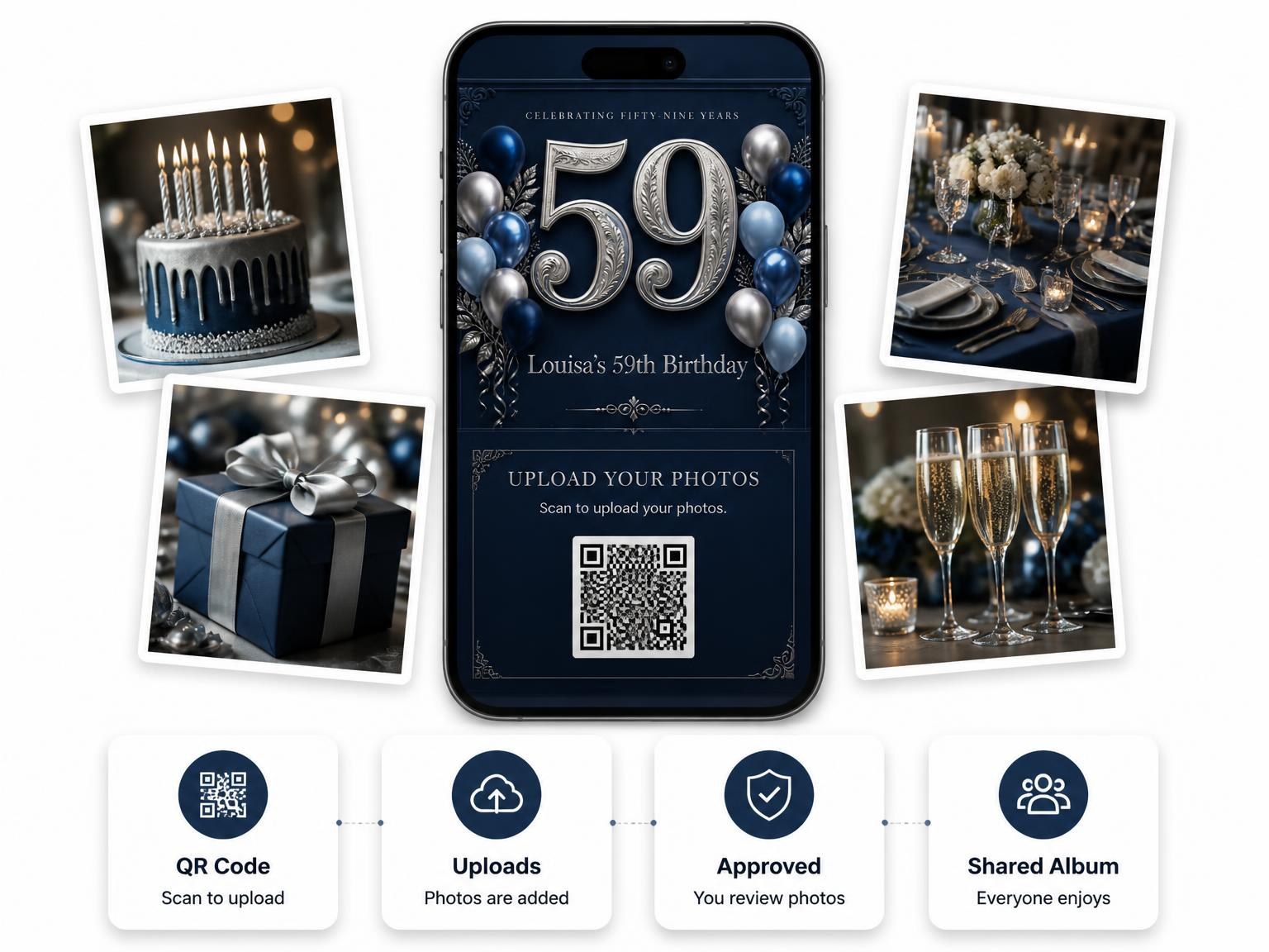 The shared photo gallery that comes with the Navy and Silver 59th Birthday Invitation invitation