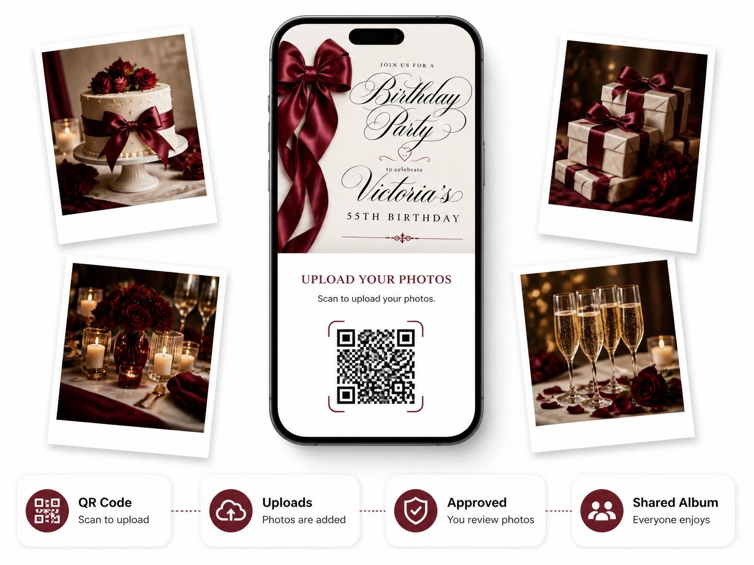 The shared photo gallery that comes with the Burgundy Satin Bow 55th Birthday Invitation invitation