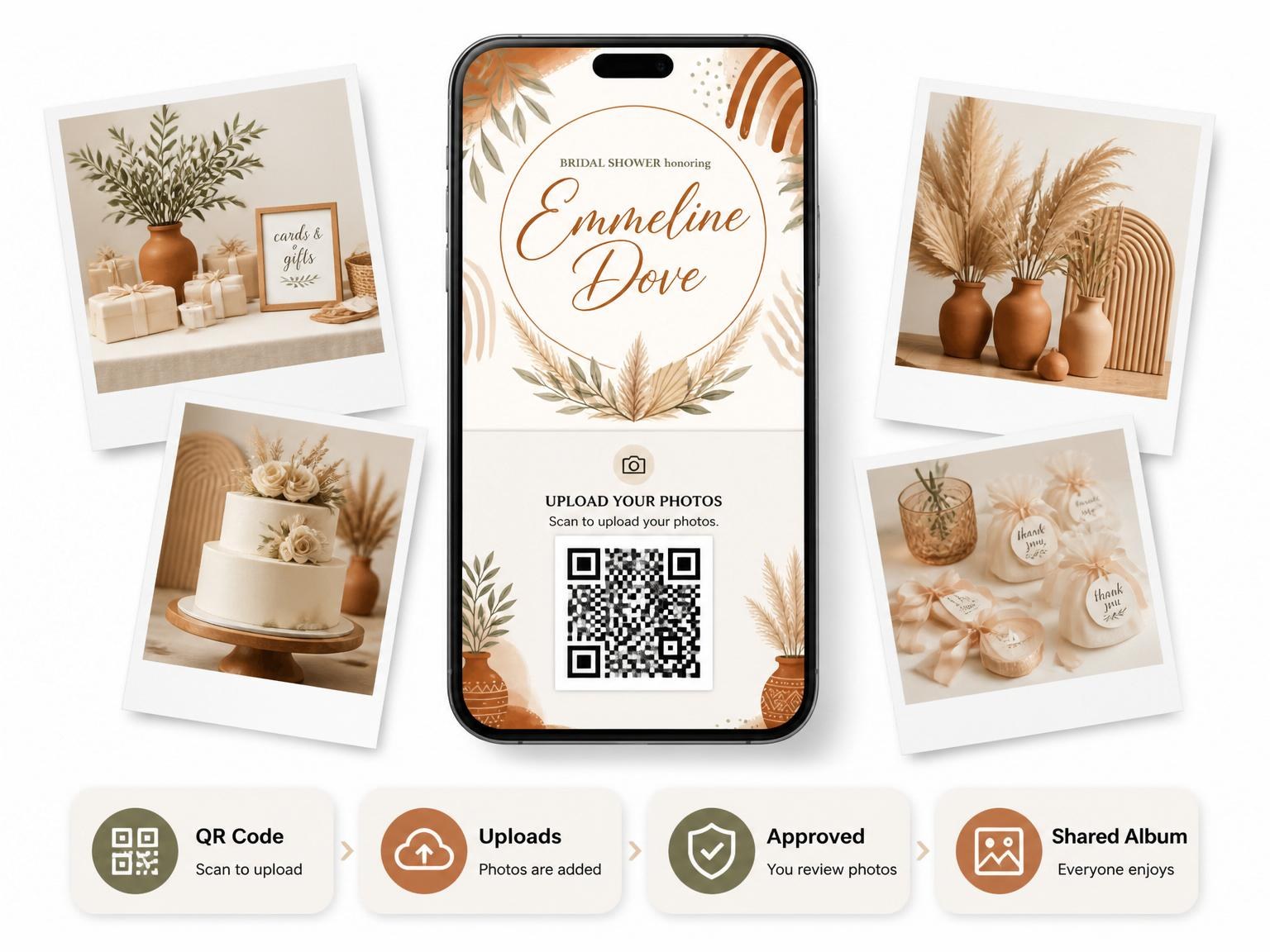 The shared photo gallery that comes with the Terracotta Pampas Grass Bridal Shower invitation