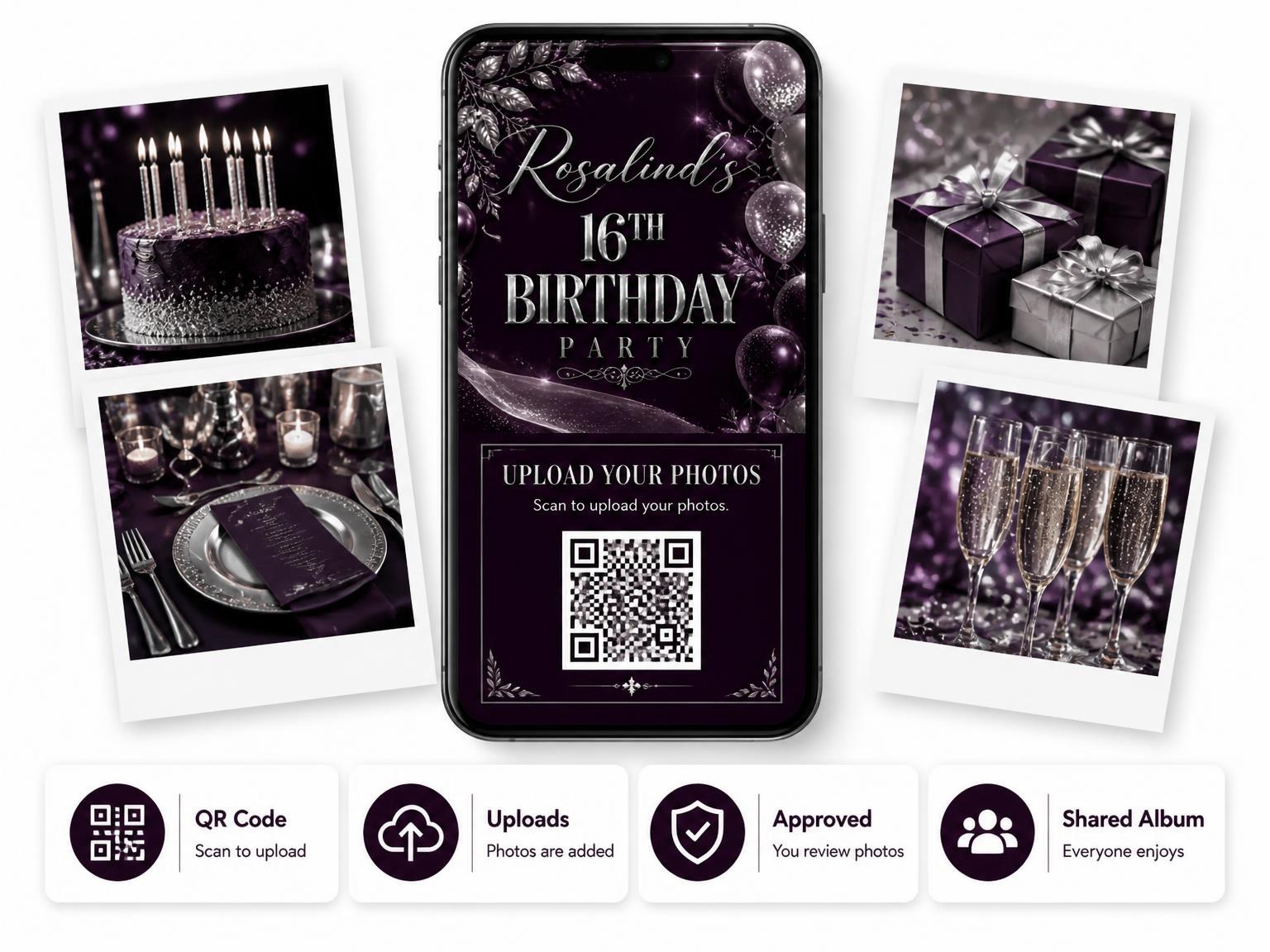 The shared photo gallery that comes with the Plum and Silver 16th Birthday Invitation invitation