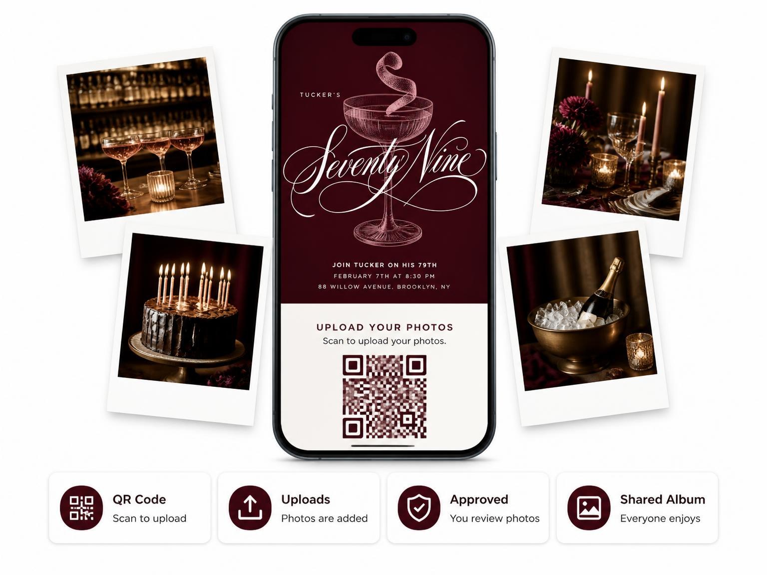 The shared photo gallery that comes with the Burgundy Cocktail 79th Birthday Invitation invitation