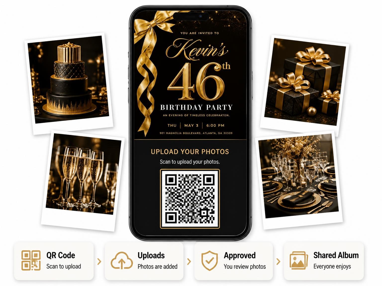 The shared photo gallery that comes with the Black and Gold Ribbon 46th Birthday Invitation invitation