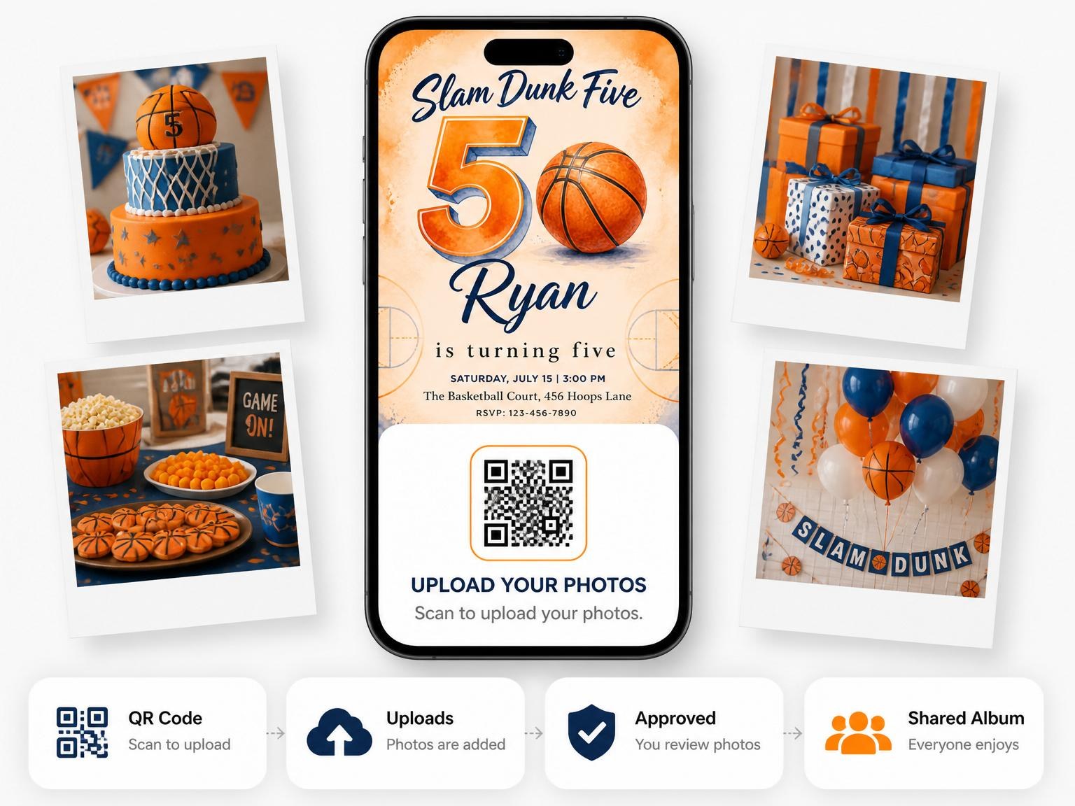 The shared photo gallery that comes with the Watercolor Basketball Court 5th Birthday invitation