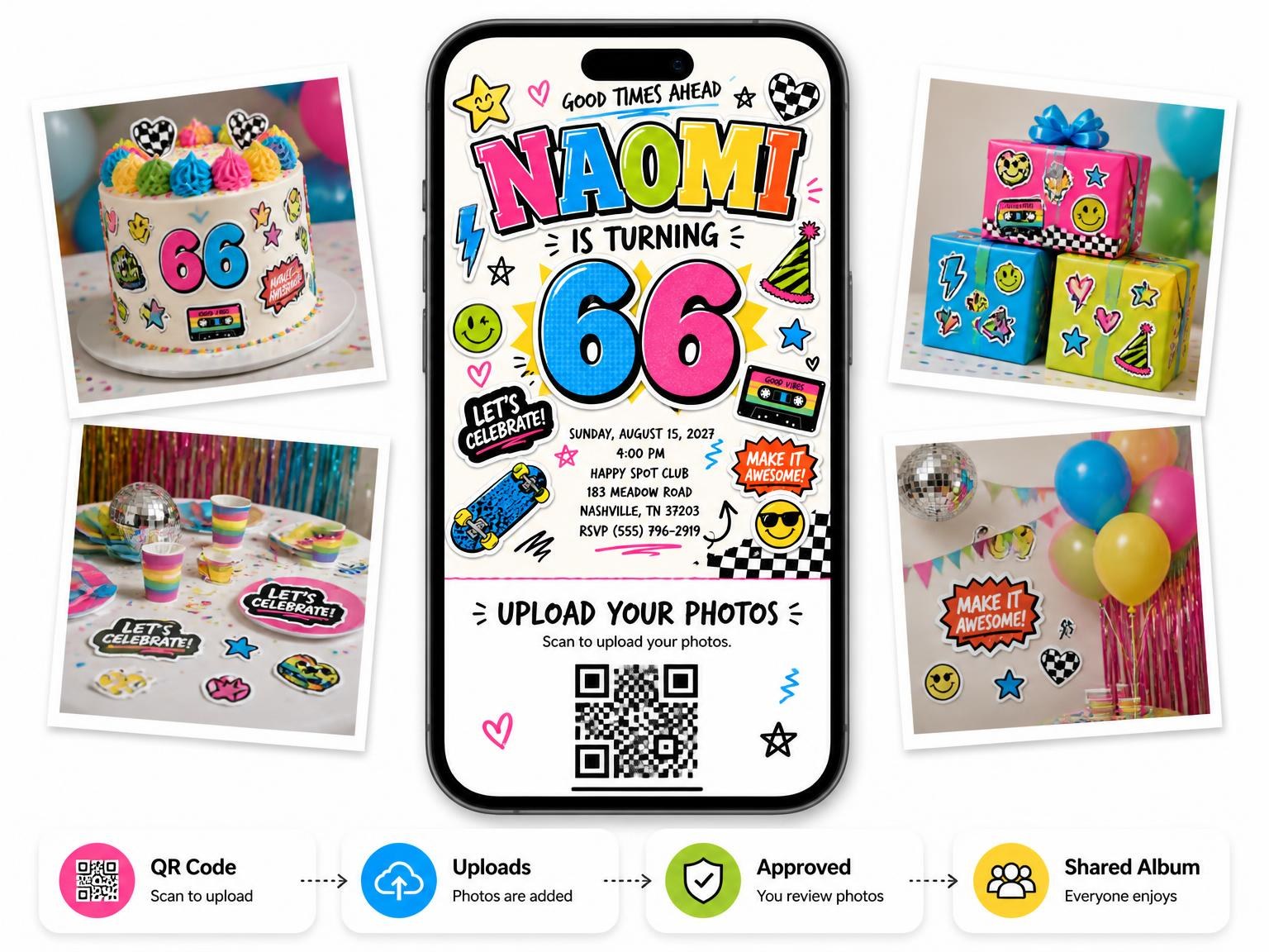 The shared photo gallery that comes with the Sticker Pop 66th Birthday Invitation invitation
