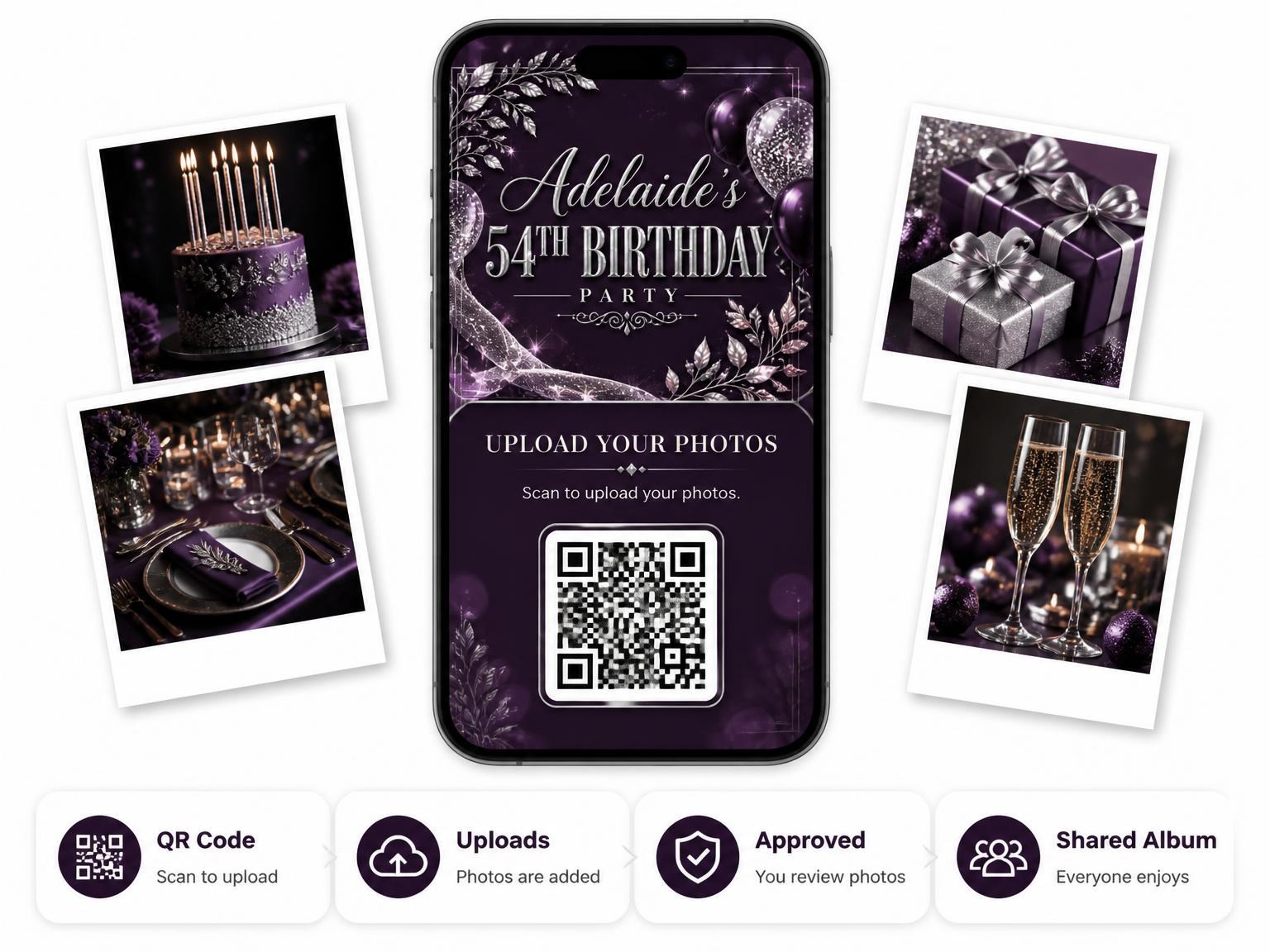 The shared photo gallery that comes with the Plum and Silver 54th Birthday Invitation invitation