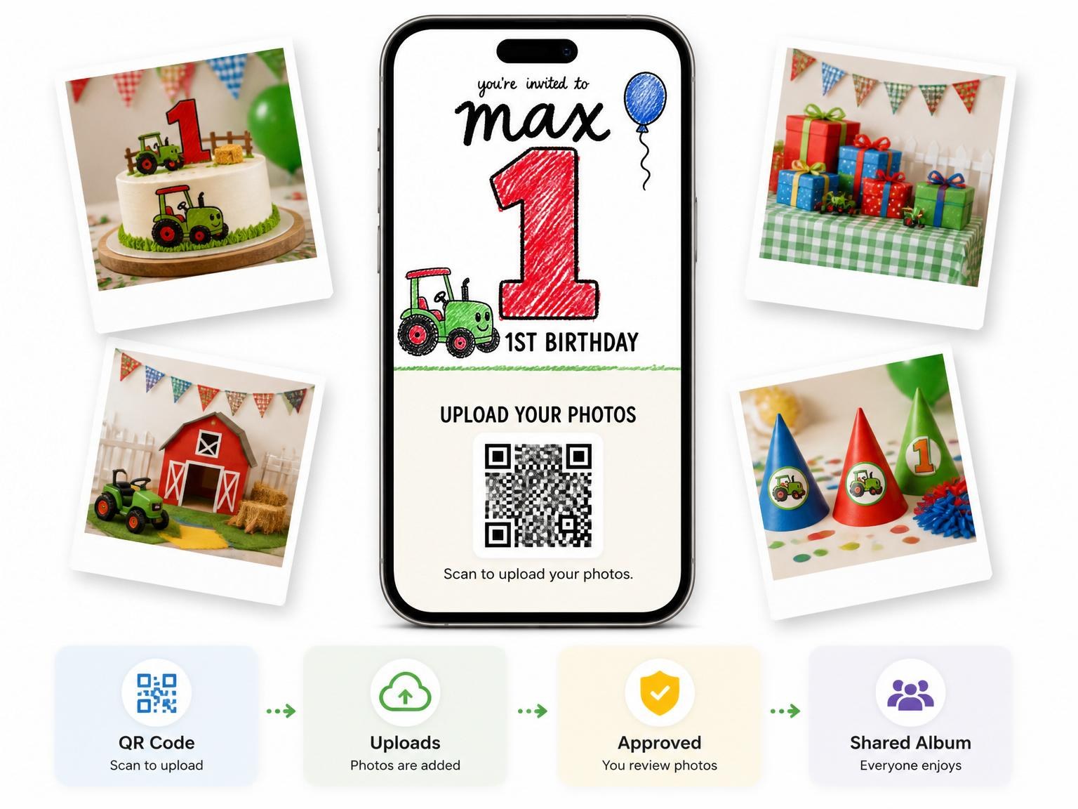 The shared photo gallery that comes with the Crayon Tractor First Birthday Invitation invitation