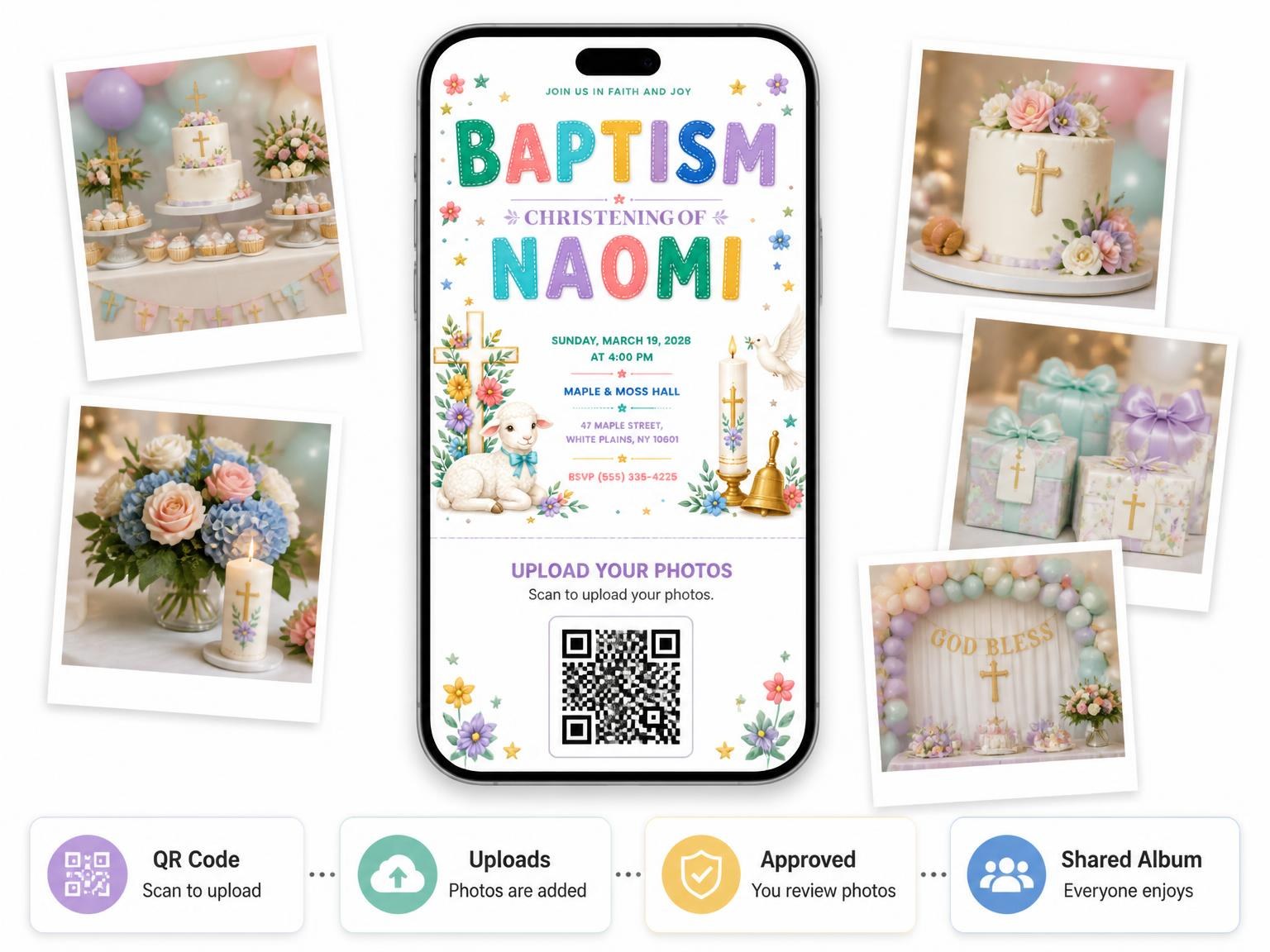 The shared photo gallery that comes with the Little Lamb Baptism Invitation invitation