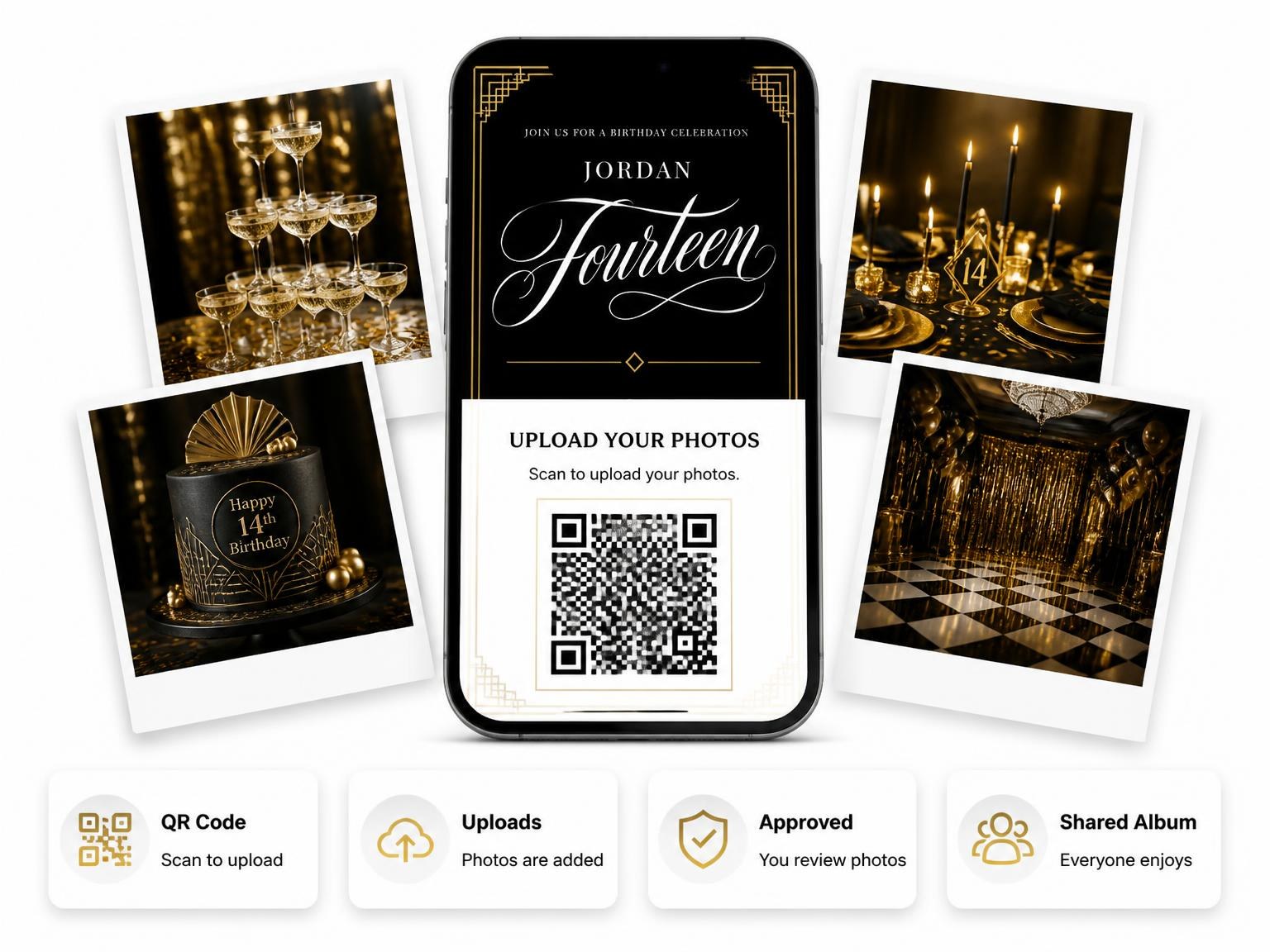 The shared photo gallery that comes with the Art Deco 14th Birthday Invitation invitation