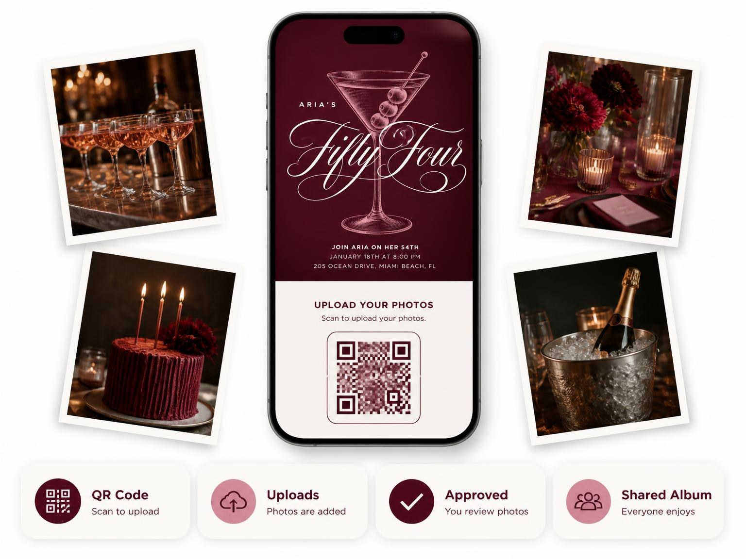 The shared photo gallery that comes with the Burgundy Cocktail 54th Birthday Invitation invitation