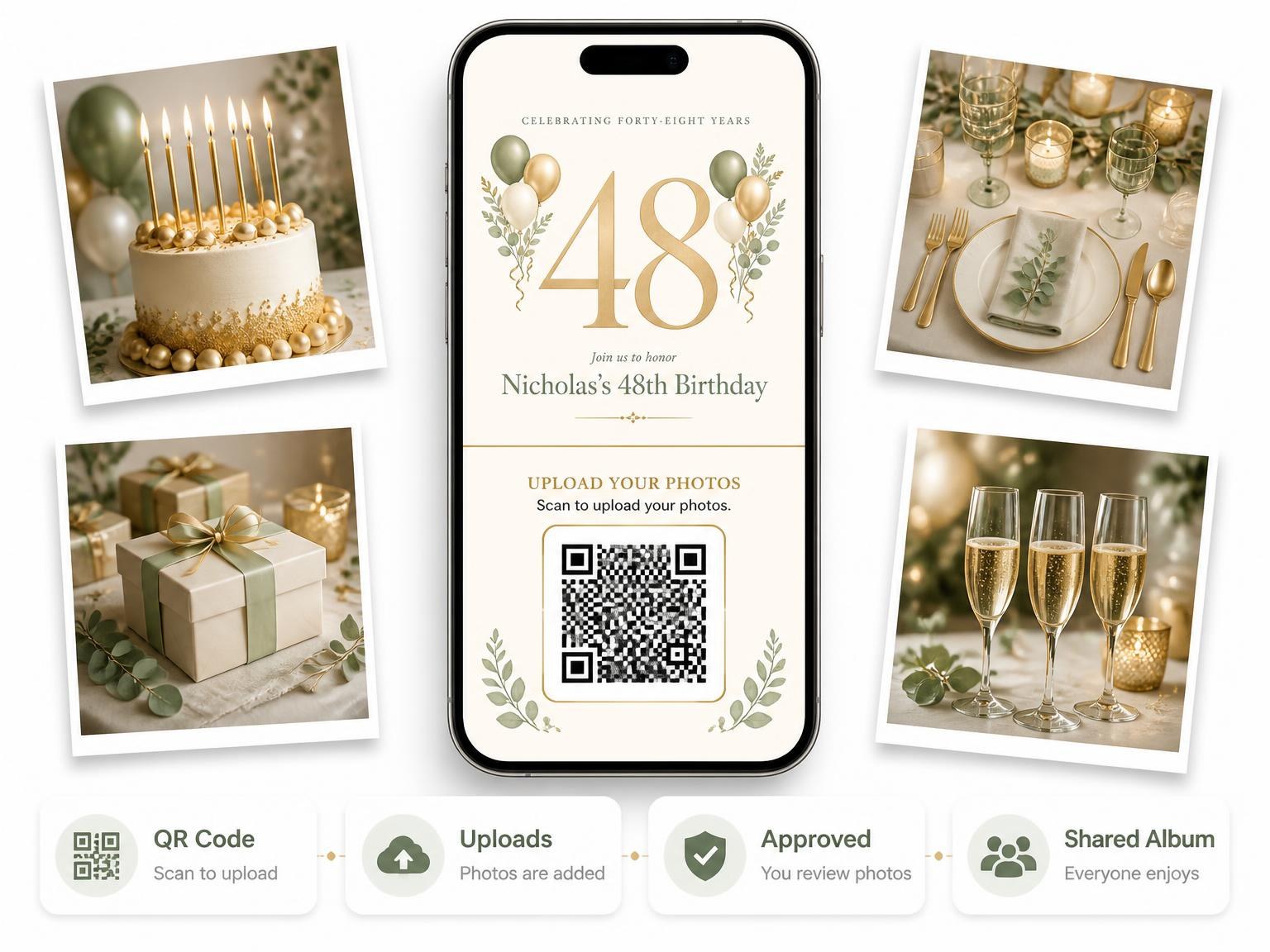 The shared photo gallery that comes with the Sage and Ivory 48th Birthday Invitation invitation