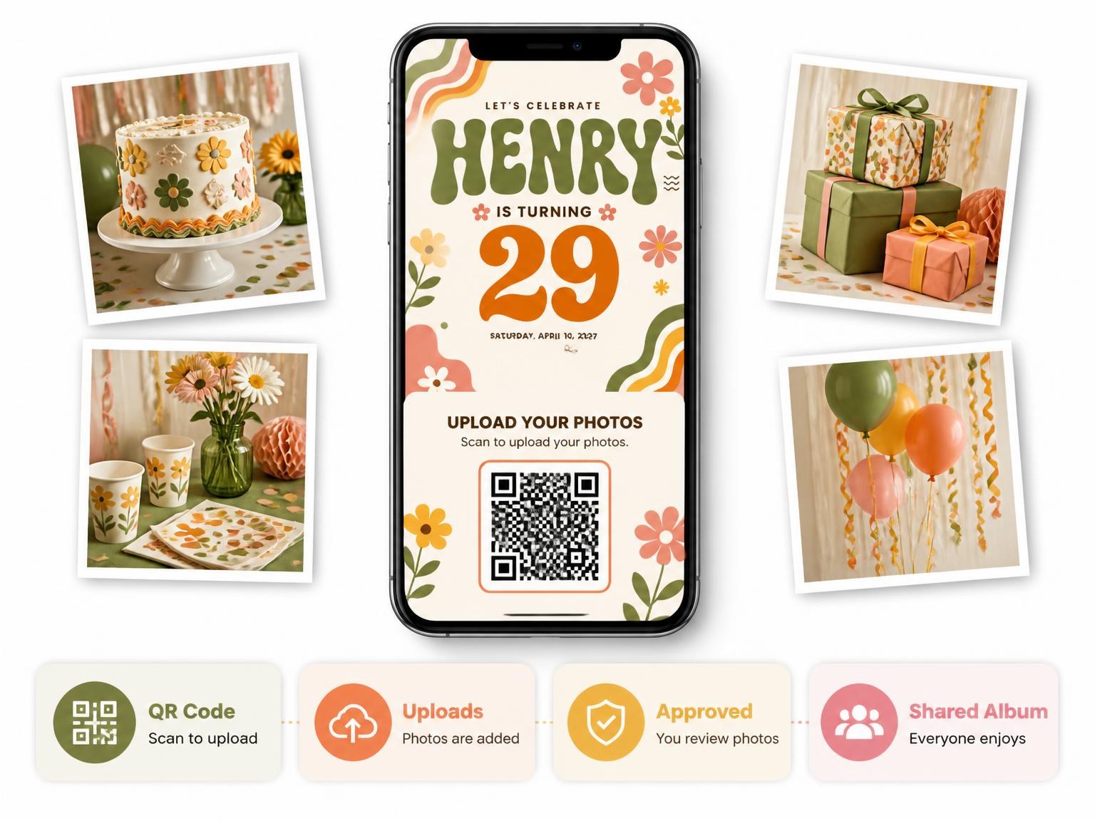 The shared photo gallery that comes with the Groovy Retro 29th Birthday Invitation invitation