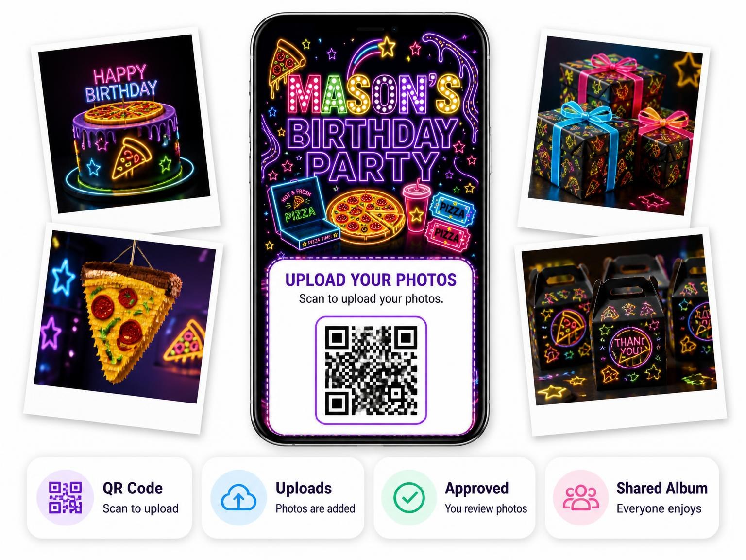 The shared photo gallery that comes with the Neon Pizza 21st Birthday Invitation invitation