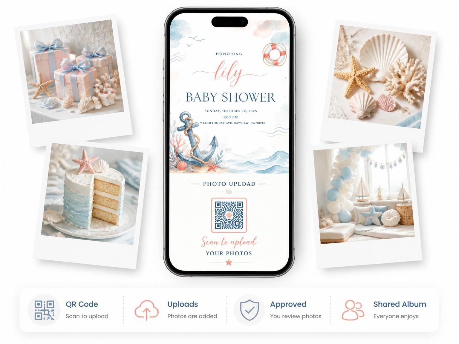 The shared photo gallery that comes with the Pastel Nautical Watercolor Baby Shower invitation