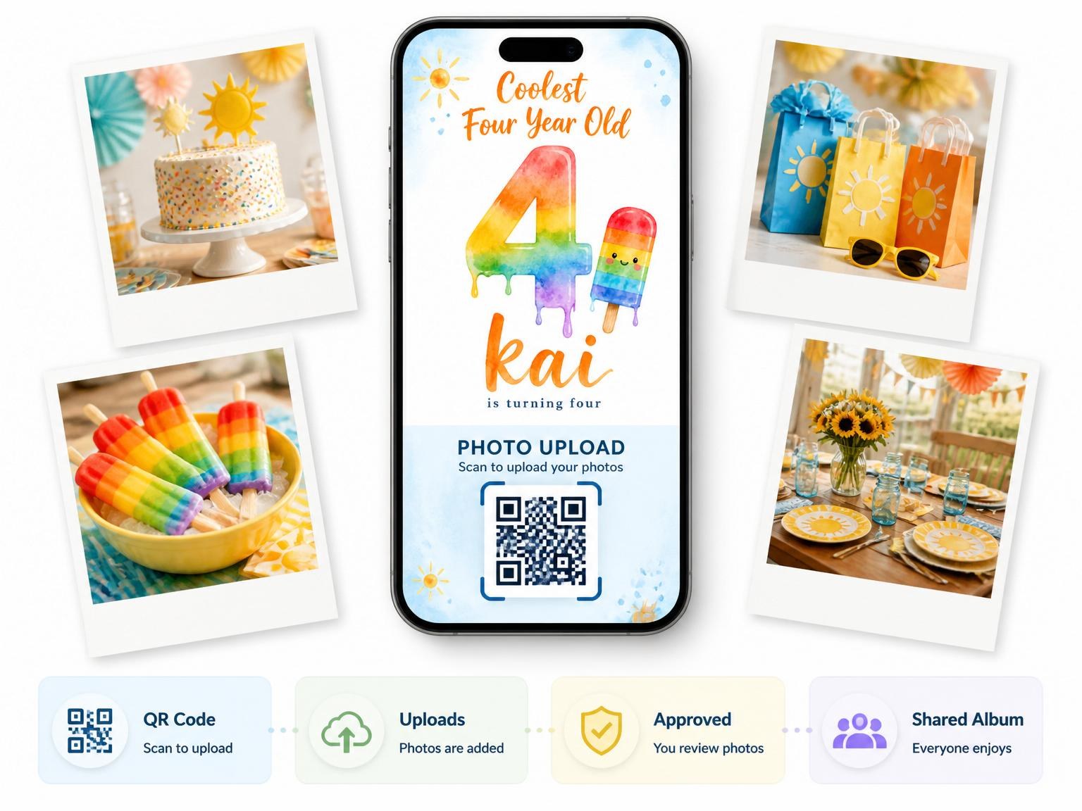 The shared photo gallery that comes with the Rainbow Popsicle Summer 4th Birthday invitation