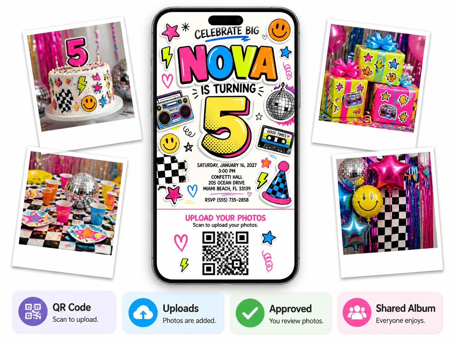 The shared photo gallery that comes with the Sticker Pop 5th Birthday Invitation invitation