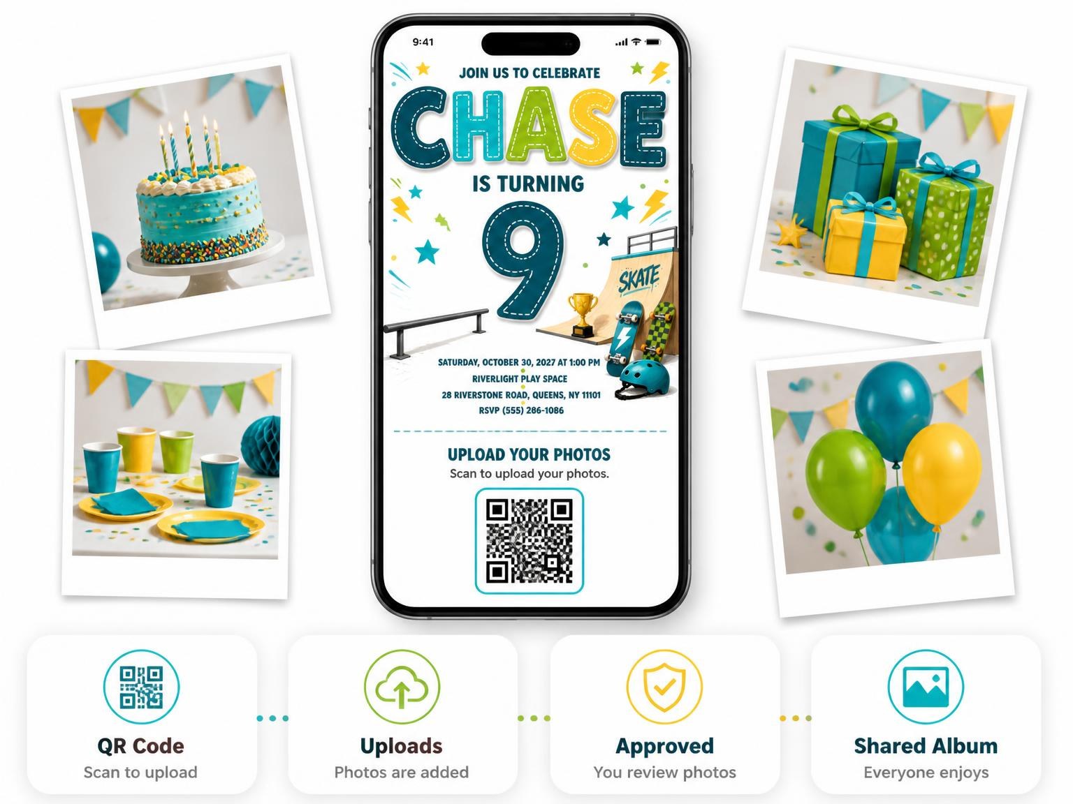 The shared photo gallery that comes with the Skate Ramp Stitched 9th Birthday Invitation invitation