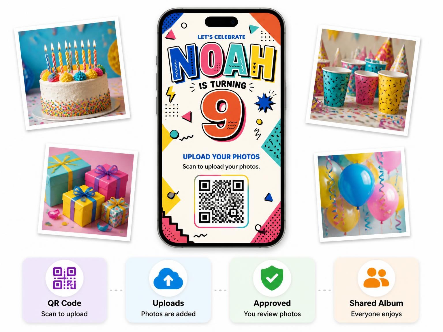 The shared photo gallery that comes with the Memphis Pop 9th Birthday Invitation invitation