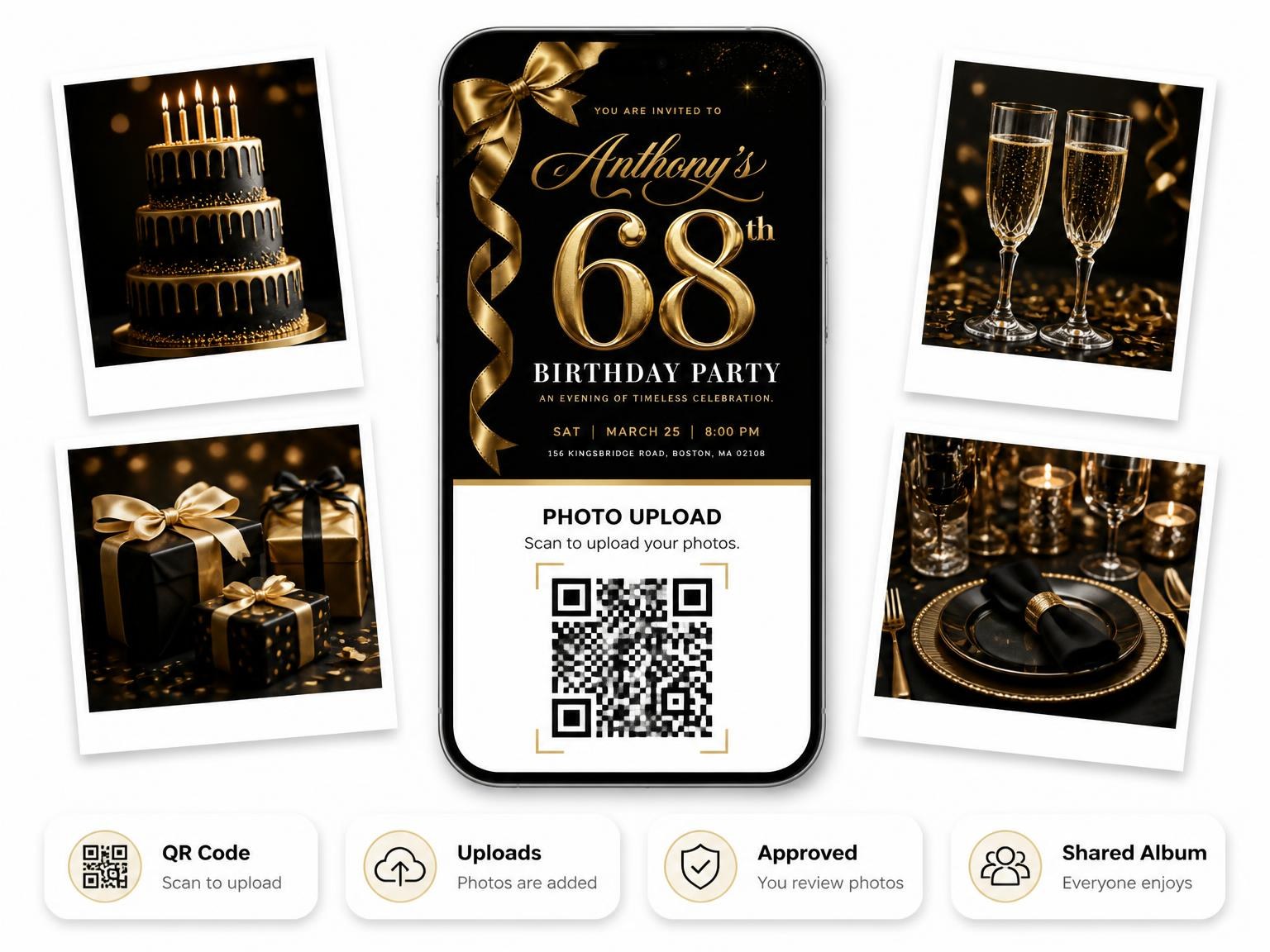 The shared photo gallery that comes with the Black and Gold Ribbon 68th Birthday invitation