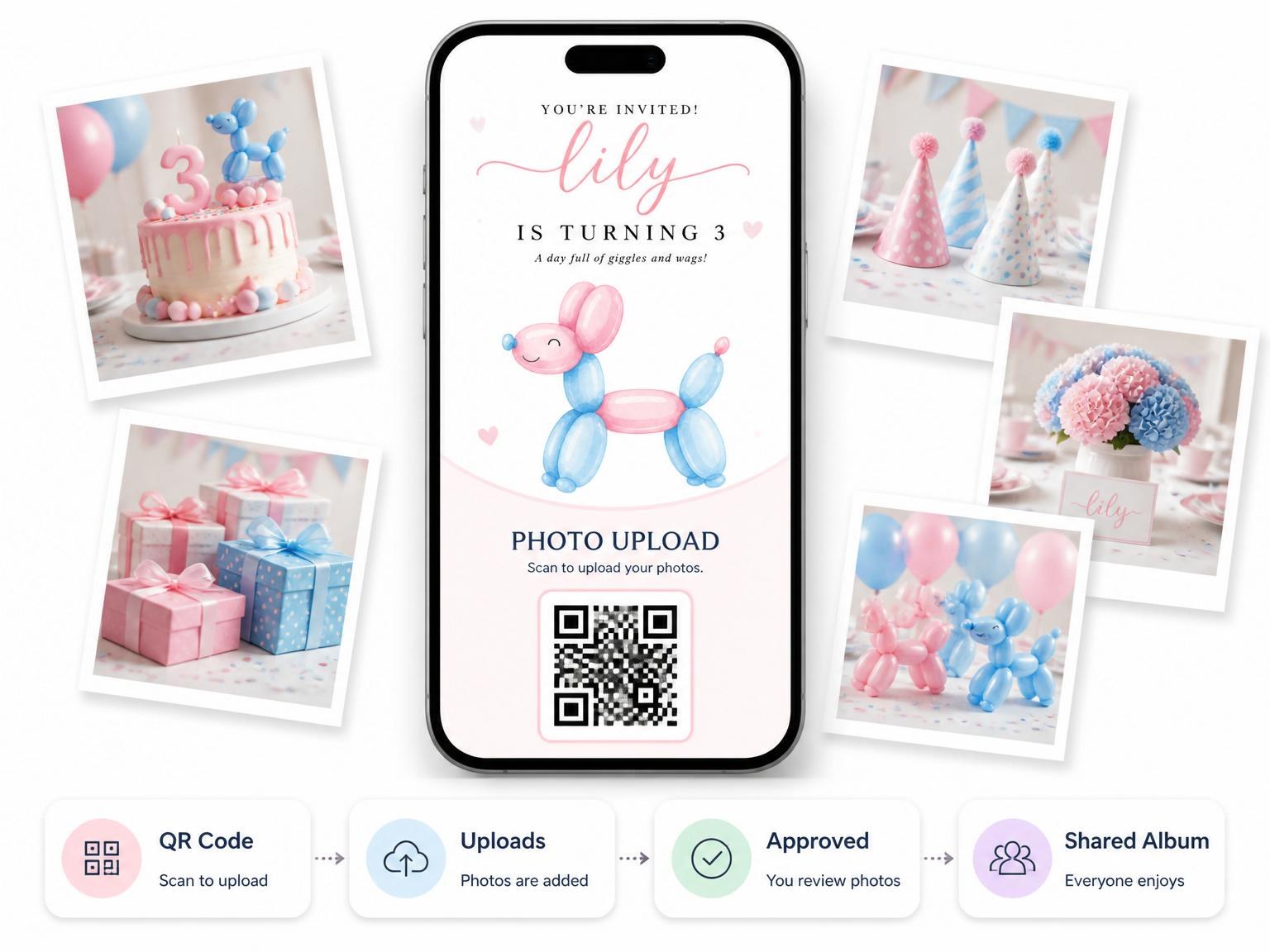 The shared photo gallery that comes with the Cute Dog Themed 3rd Birthday Invitation invitation